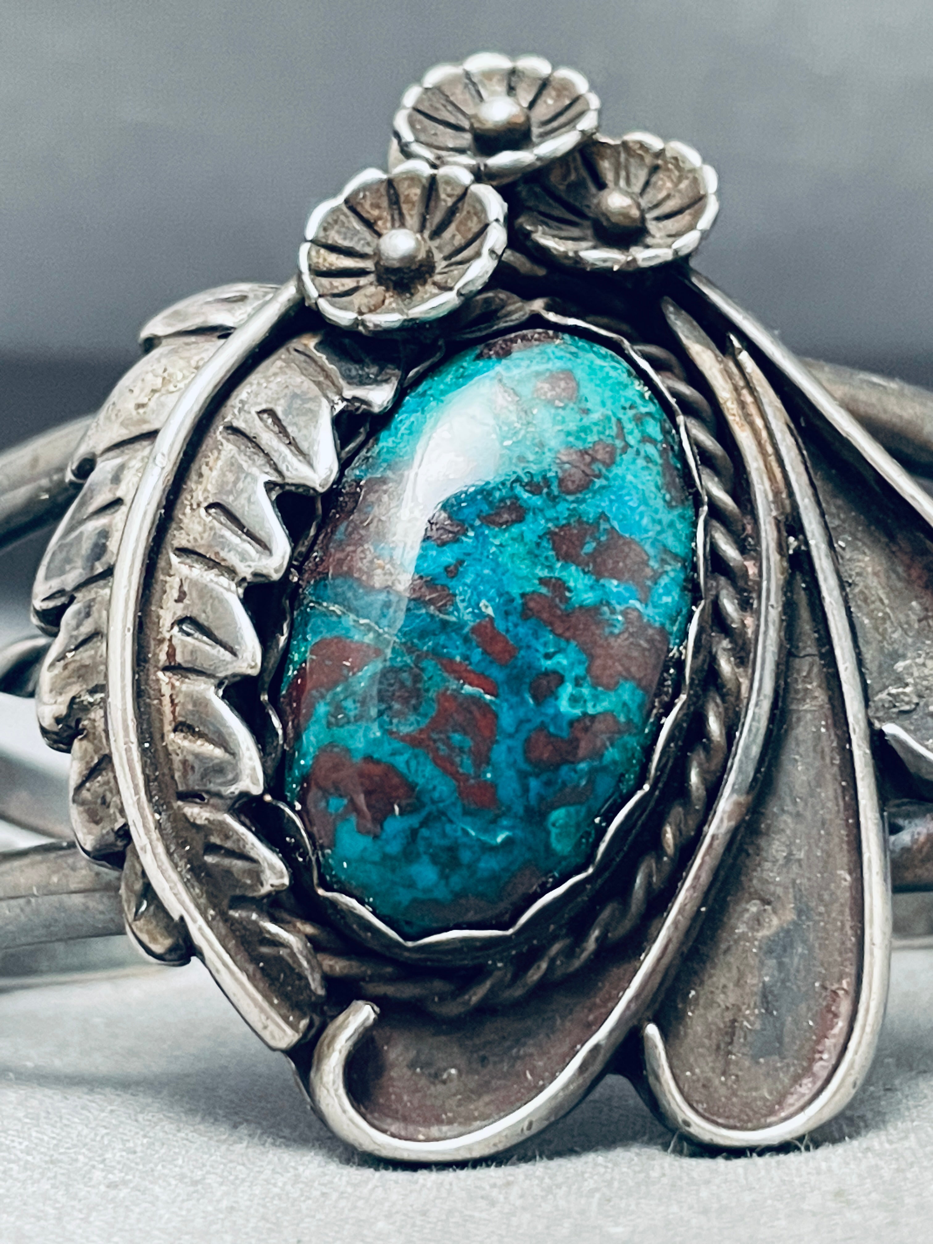 1977 Vintage Native American Navajo Chrysocholla Sterling Silver Bracelet - Handmade Turquoise Jewelry for Women, Boho Southwest Style, Perfect for Festivals & Special Occasions