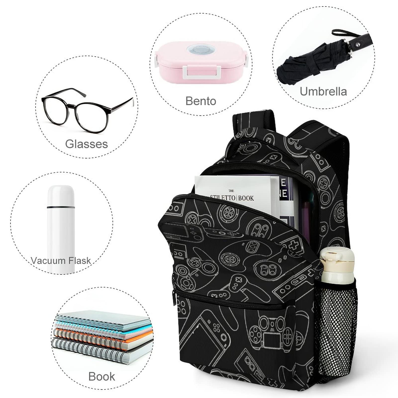 Fiokroo Gaming Backpack for Laptop & Travel - Black Video Game Controller Design, Multiple Pockets, Durable School Bag for Students, Teens, Men & Women | Perfect for School, Work, Travel & Gaming Conventions