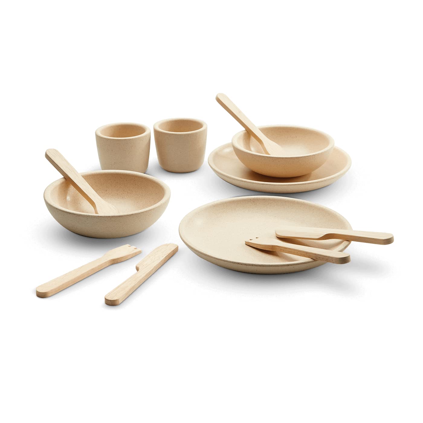 PlanToys Wooden Play Dishes Set - Eco-Friendly Rubberwood Tableware for Kids (2 Plates, 2 Spoons, 2 Forks, 2 Knives, 2 Cups, 2 Bowls) - Perfect for Pretend Play, Tea Parties & Early Childhood Learning