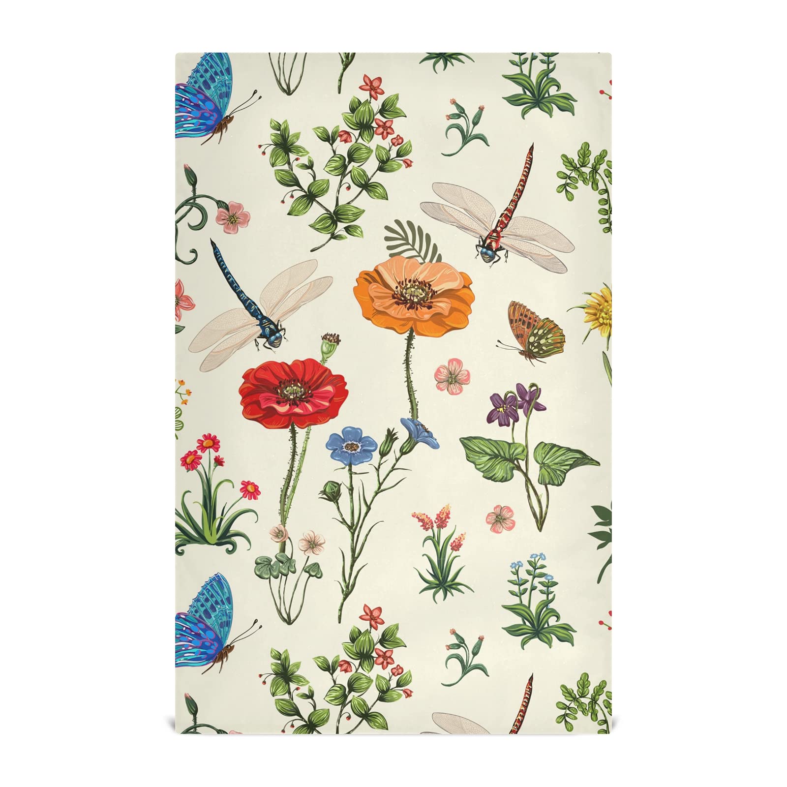 Premium 18x28 Inch Super Absorbent Lint-Free Kitchen Towels Set of 4 - Floral Design with Dragonfly, Butterfly, Sunflower & Carnation Patterns | Soft Dish Cloths for Tea Bar, Bath & Kitchen Accessories | Perfect for Daily Cleaning, Dish Drying & Home Decor