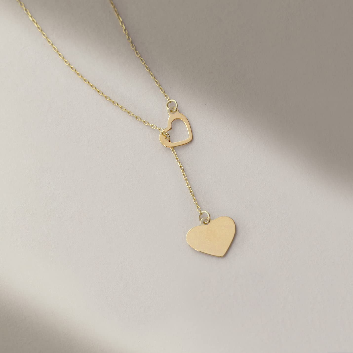 14K Solid Gold Two Heart Lariat Y-Necklace for Women - Elegant Layered Necklace for Valentine's Day, Anniversary & Romantic Gifts