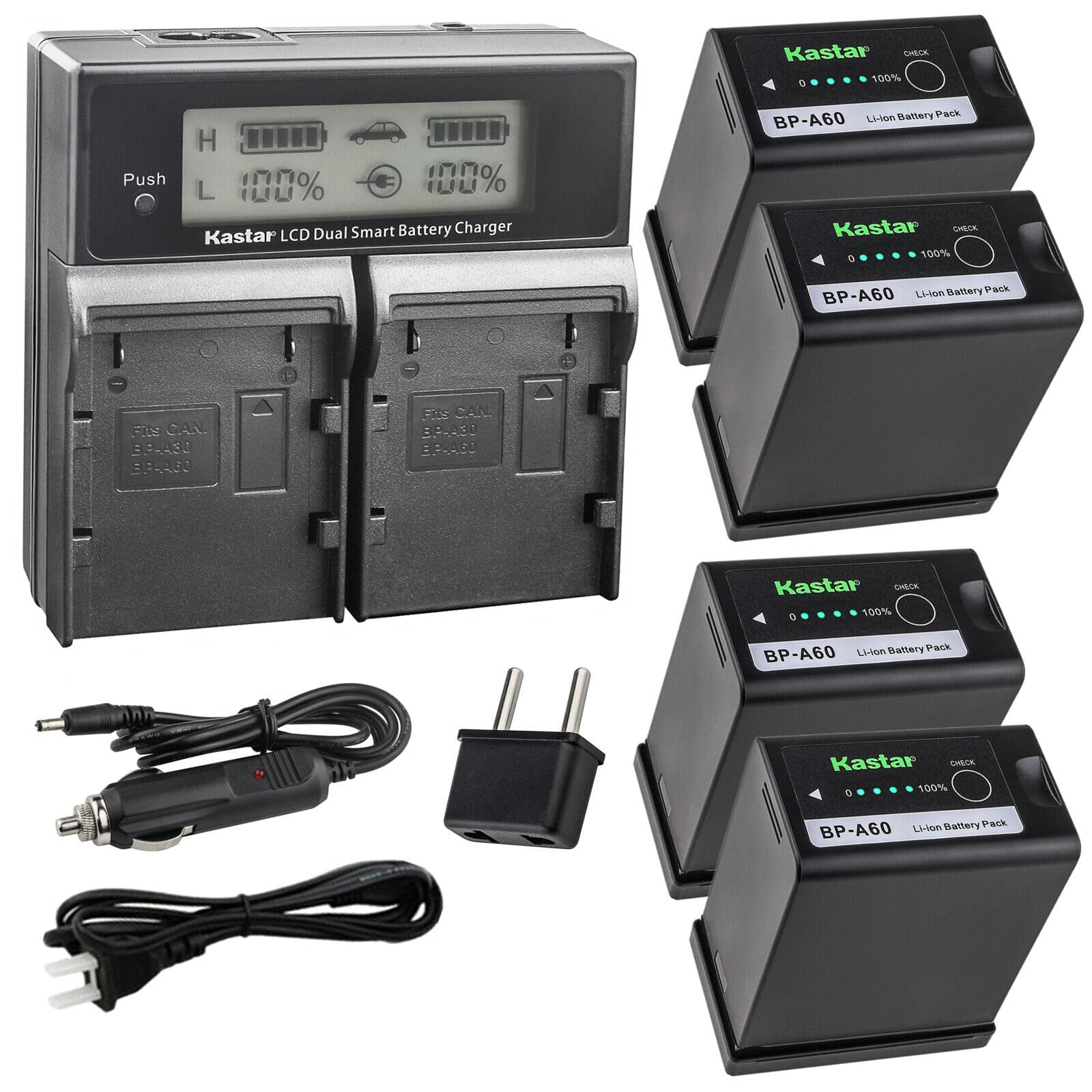 Kastar 4-Pack BP-A60 Battery and AC LCD Dual Fast Charger for Canon EOS C200/C200B/C220B/C300 Mark II Cinema Cameras - Professional 4K UHD Video Shooting & On-Location Power Solution