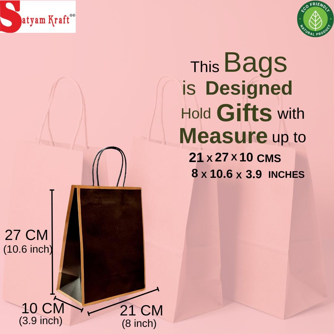 SATYAM KRAFT 6-Pack Black Paper Gift Bags with Handles (27x21cm) - Perfect for Valentine's Day, Weddings, Birthdays & Party Favors | Eco-Friendly Goodie Bags for Return Gifts & Seasonal Greetings