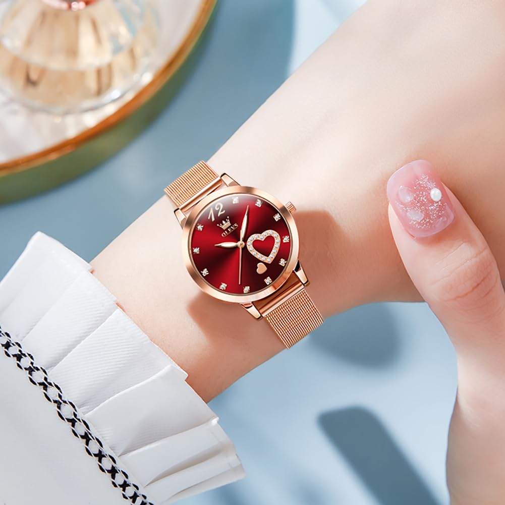 OLEVS Women's Rose Gold Minimalist Watch & Bracelet Set - Slim Analog Quartz Wristwatch for Ladies, Waterproof Two-Tone Dress Watch for Everyday Wear, Office & Special Occasions