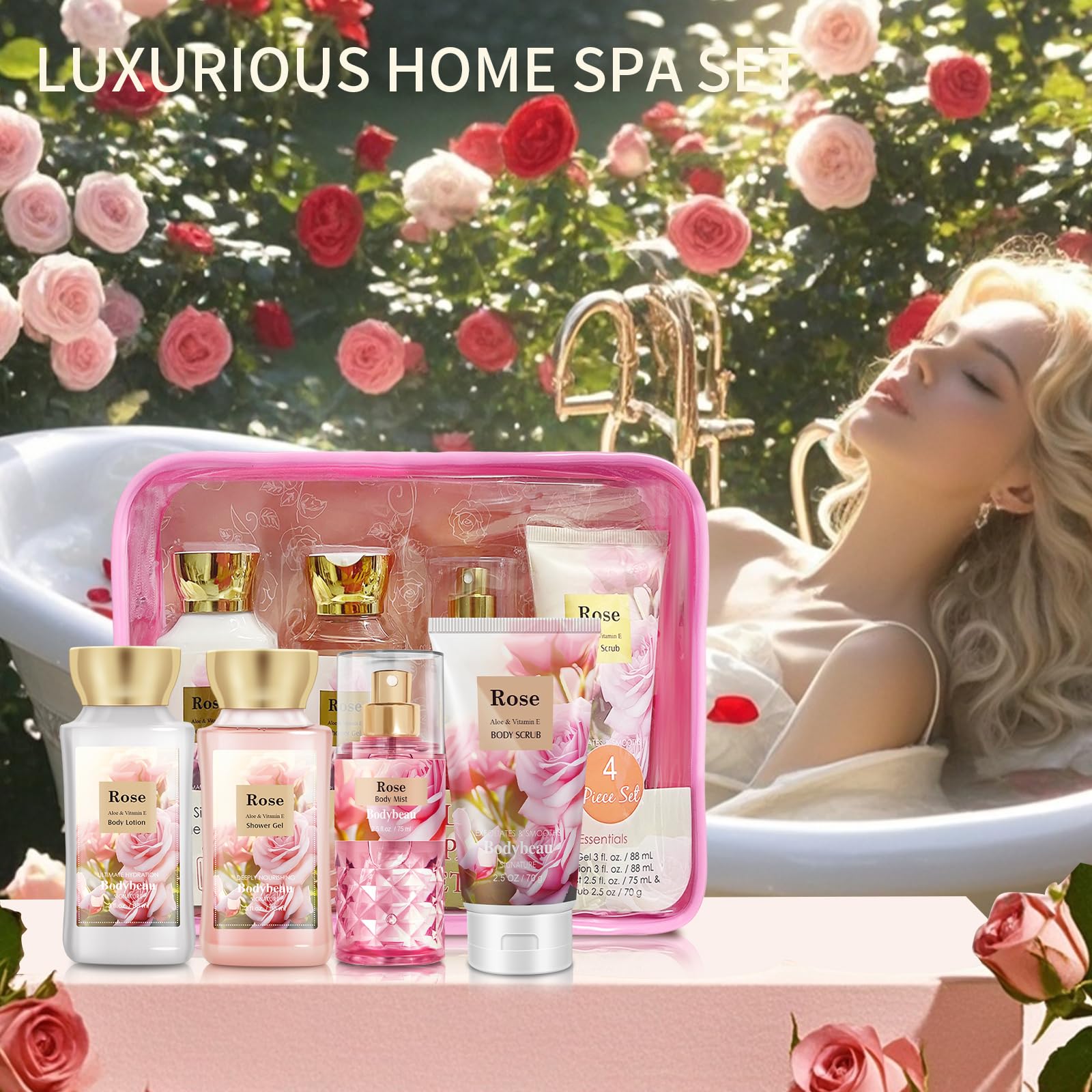 Luxury Rose Bath & Body Gift Set for Women & Girls - 4PCS Set Includes Shower Gel, Body Lotion, Body Mist & Exfoliating Scrub | Perfect Travel Size, Spa Day at Home, Birthday & Holiday Gift Idea