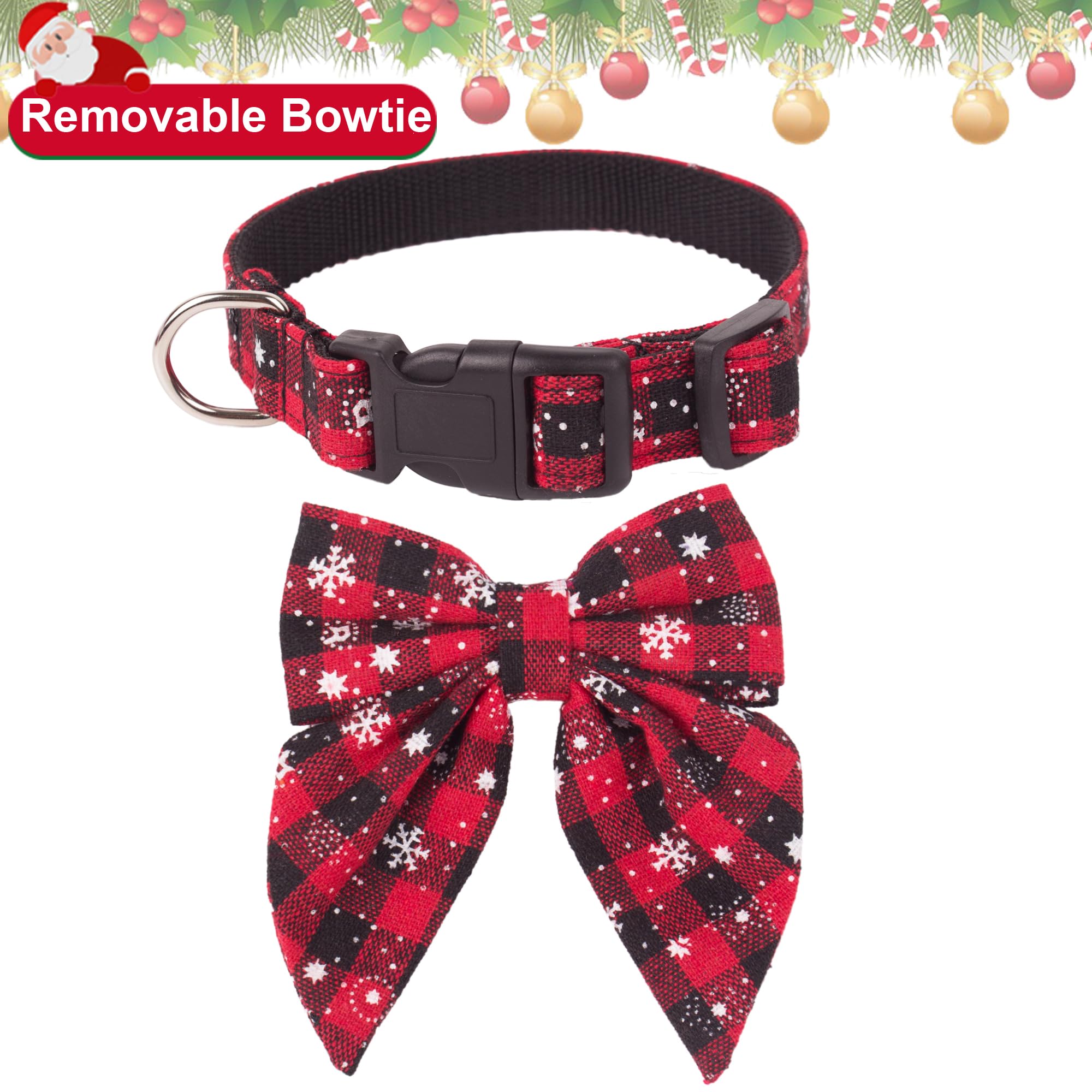 ADOGGYGO Adjustable Christmas Dog Collar with Red Bow - Festive Cotton Bowtie Pet Collar for Small Dogs (Black & Red) - Perfect for Holiday Photos & Christmas Parties