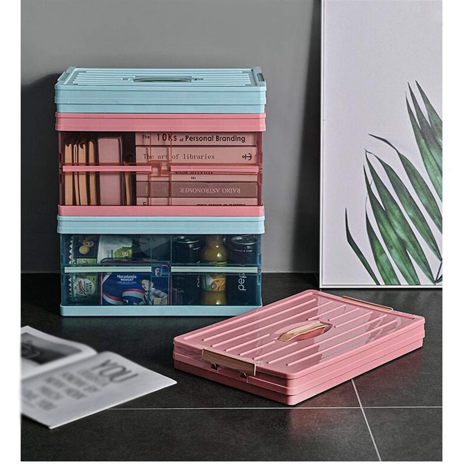 Collapsible Plastic Storage Bins with Lids - Foldable Transparent Organizer Box for Shoes, Clothes, Toys, Books & Groceries (20L, Blue) - Perfect for Closet, Pantry, Garage & Office Organization