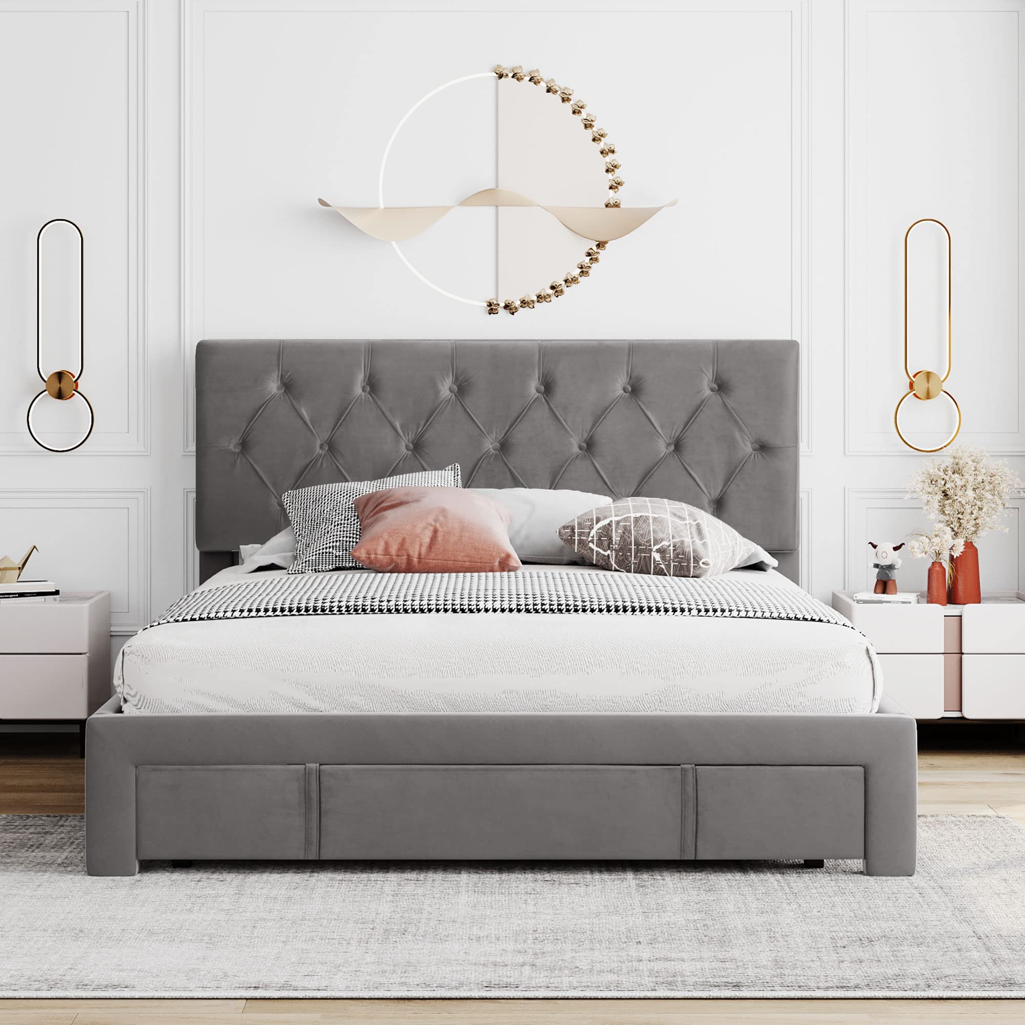 Queen Size Velvet Upholstered Platform Bed Frame with Tufted Headboard & Storage Drawer - Wood Slat Support, No Box Spring Needed - Easy Assembly, Gray - Perfect for Master Bedroom, Guest Room & Small Space Living