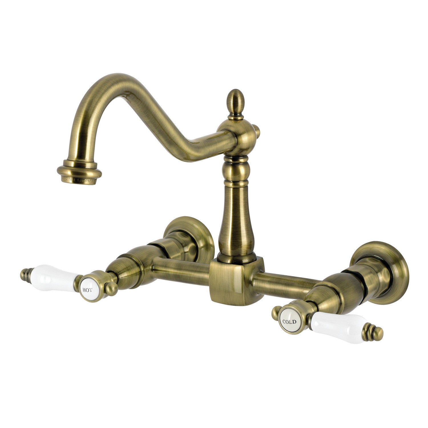 Bel Air KS1243BPL Double Handle Wall Mount Bridge Kitchen Faucet in Antique Brass - Vintage Style for Farmhouse, Bar, and Commercial Kitchen Sink