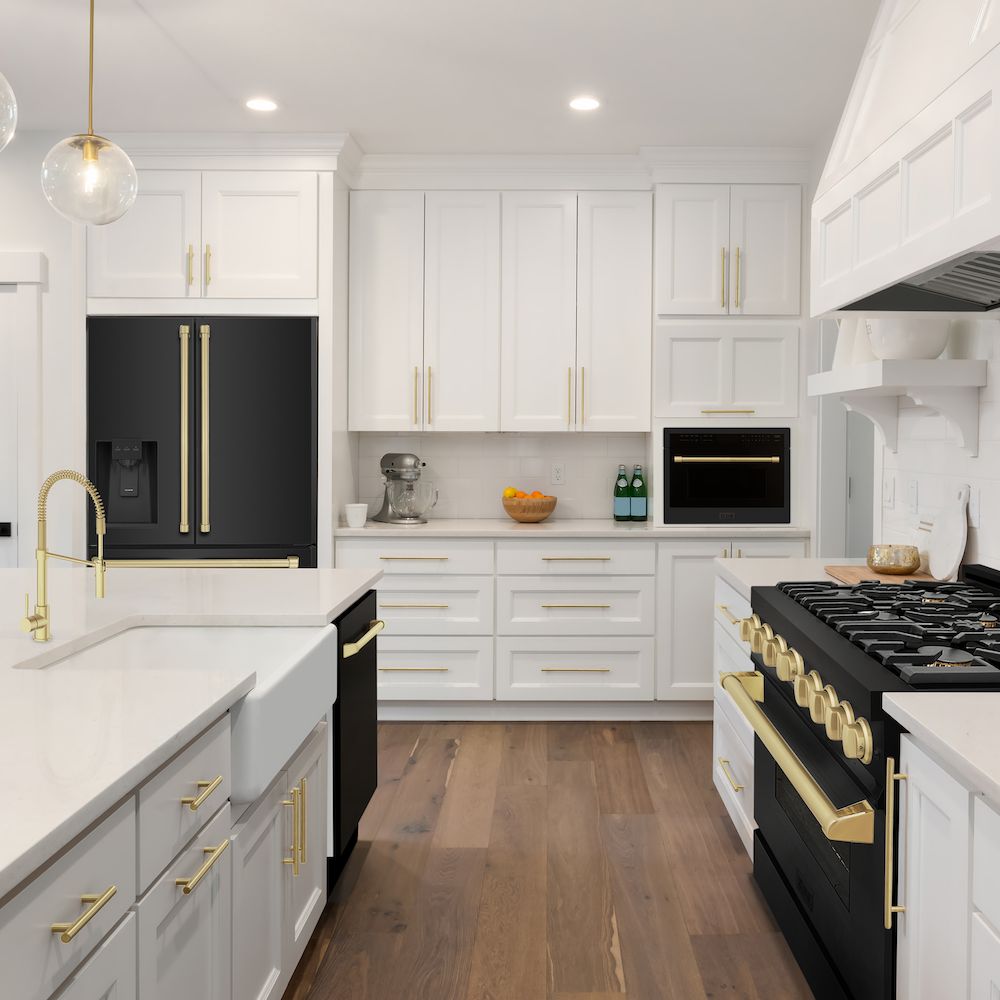 ZLINE Autograph Edition 36 Inch Counter Depth French Door Refrigerator - 21.6 cu ft Capacity, Fingerprint Resistant Black Stainless Steel, Built-In Water and Ice Dispenser with Champagne Bronze Handles (RFMZ W 36 BS CB) - Perfect for Modern Kitchens, Open Concept Homes & Entertaining