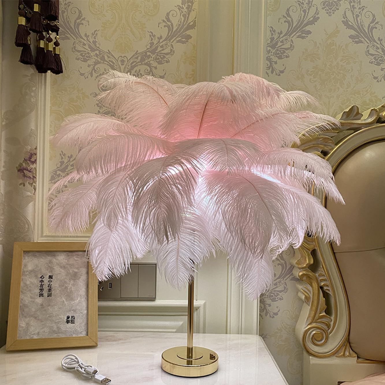 Feather Table Lamp - USB Rechargeable Decorative Bedside Lamp with 30 Feathers, 3 Color Dimmable LED Lighting for Bedroom, Living Room, Wedding & Party Decor | Romantic Ambiance & Home Decor Gift Idea