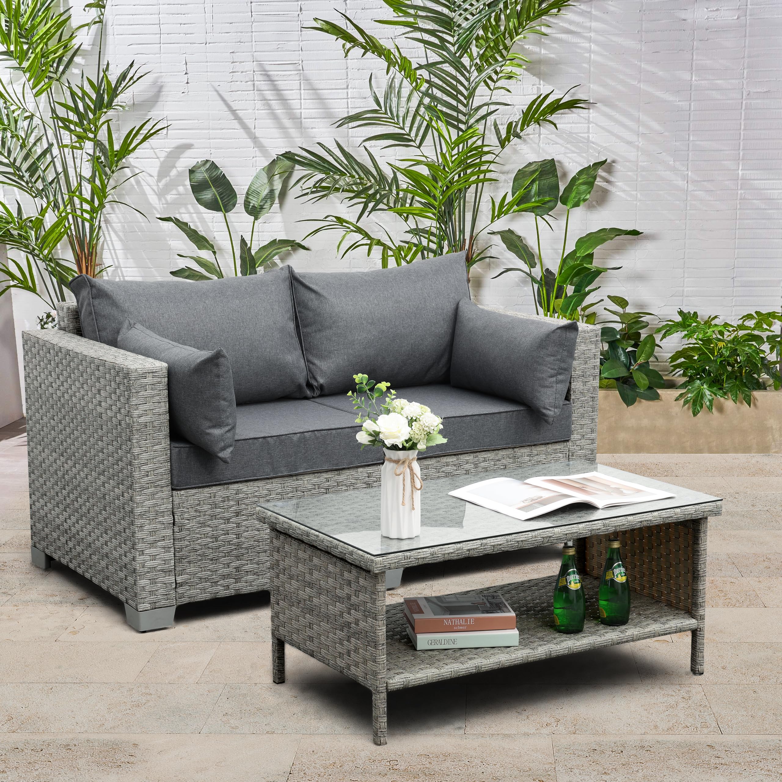 WAROOM Outdoor Patio Loveseat - PE Rattan 2-Seater Wicker Sofa with Gray Cushion, Deep Seating Small Couch for Garden, Balcony & Backyard Relaxation