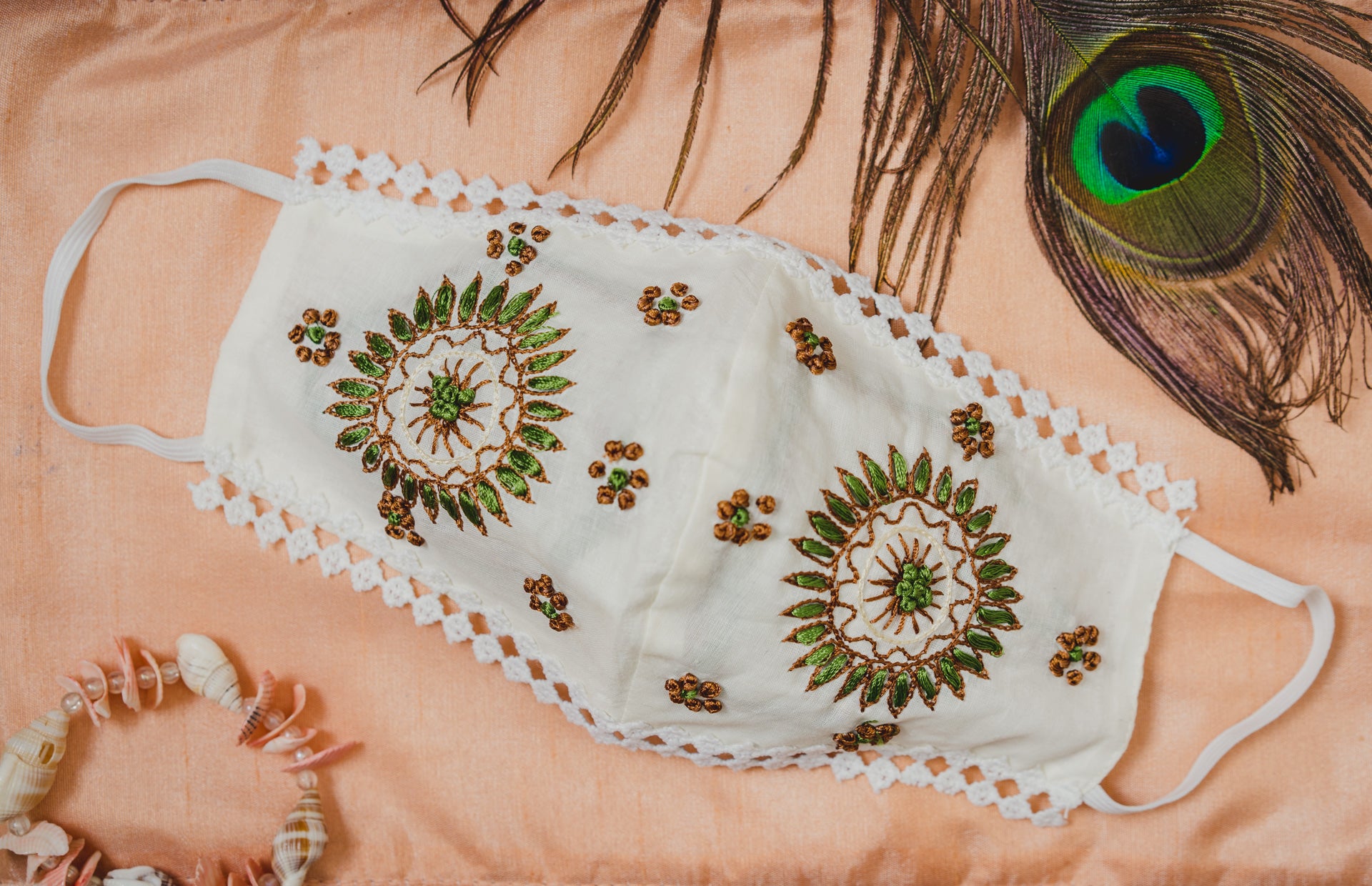Sunflower Embroidered Cream Cotton Lace Face Mask - Breathable & Stylish for Outdoor Activities, Travel, and Daily Protection