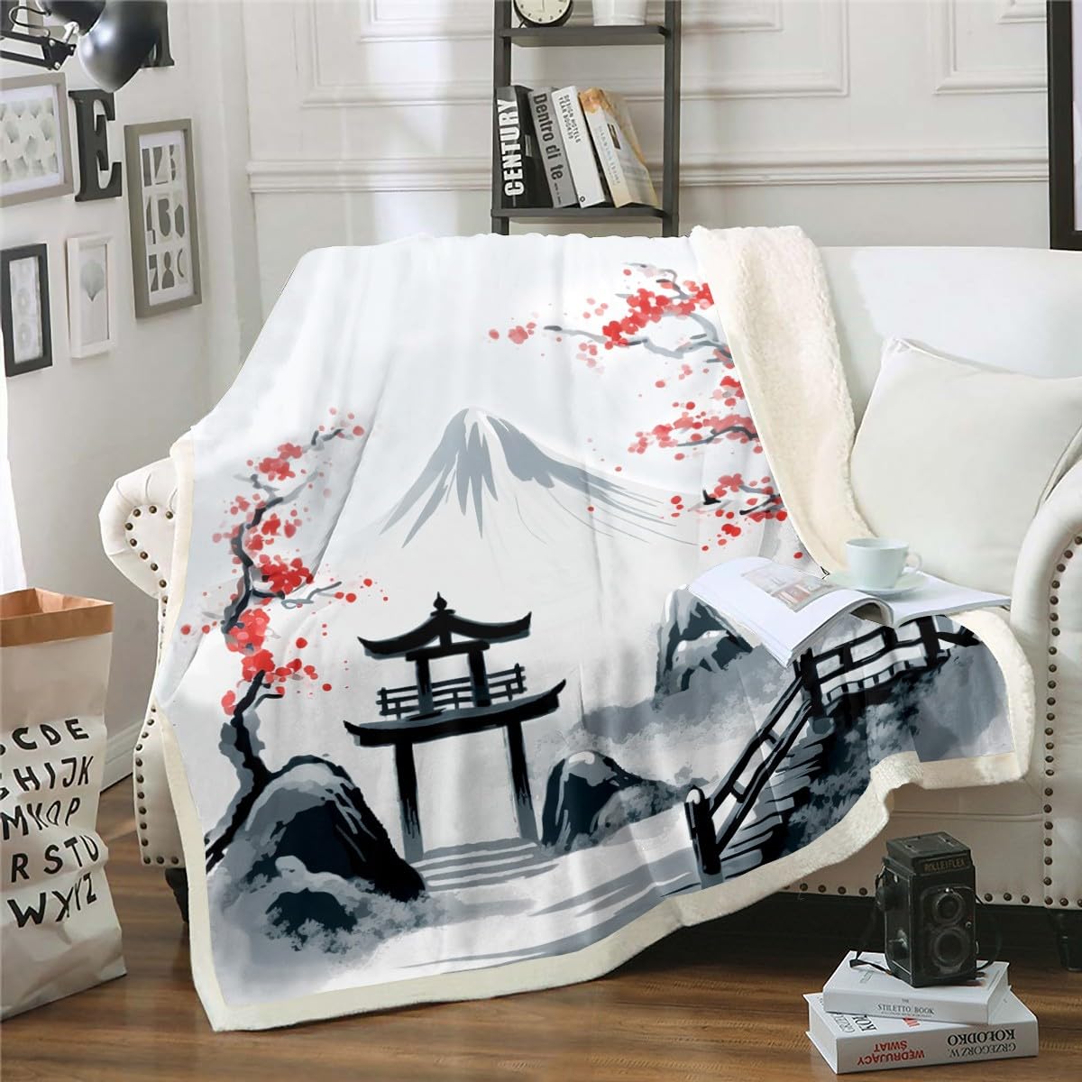 Japanese Style Cherry Blossom Fleece Throw Blanket - Mount Fuji Sherpa Plush Blanket with Sakura Flowers, Vintage Ink Painting Design for Bed, Sofa & Chair - Queen Size for Teens & Adults - Perfect for Cozy Nights, Home Decor & Gift Giving