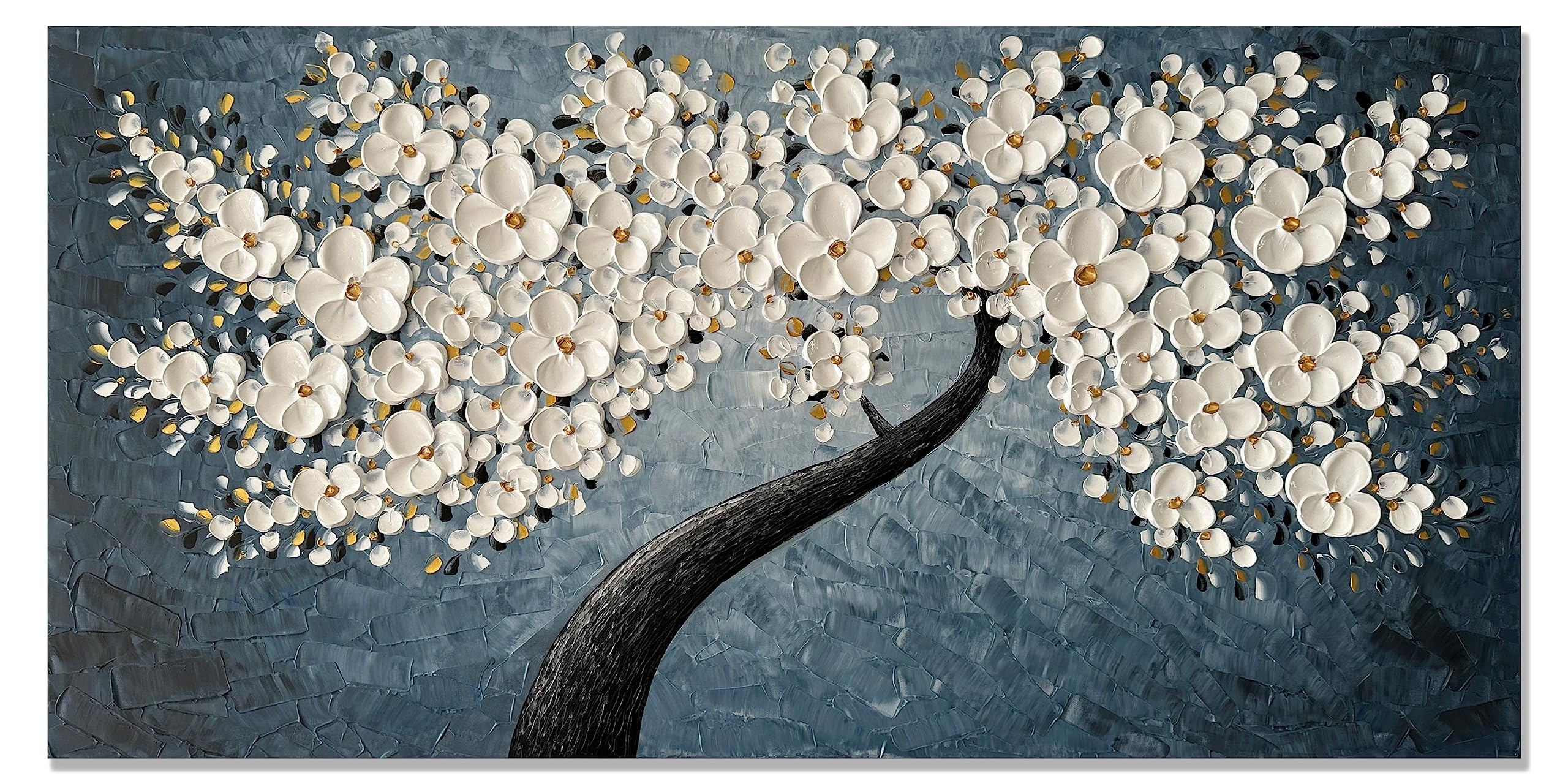 Zoinart Hand Painted 3D Floral Oil Painting on Canvas - 48x24 Inches Abstract White Flower Modern Large Wall Art, Contemporary Tree Texture Artwork for Living Room, Bedroom & Office Decor