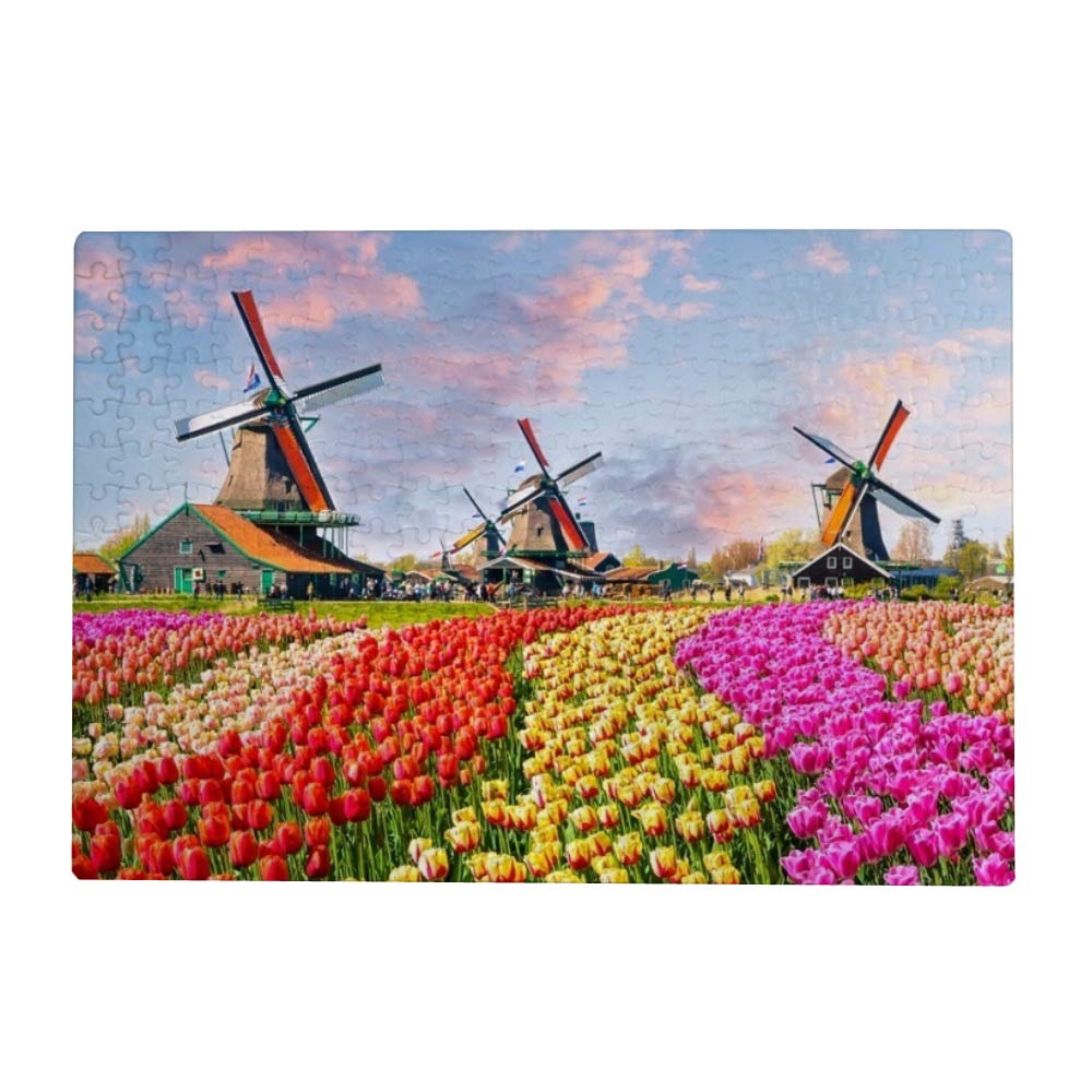 300-Piece Jigsaw Puzzle for Adults - Dutch Windmills & Tulips Flower Landscape Art, Challenging Puzzle Game for Relaxation & Stress Relief, Perfect for Family Game Night & Home Decor