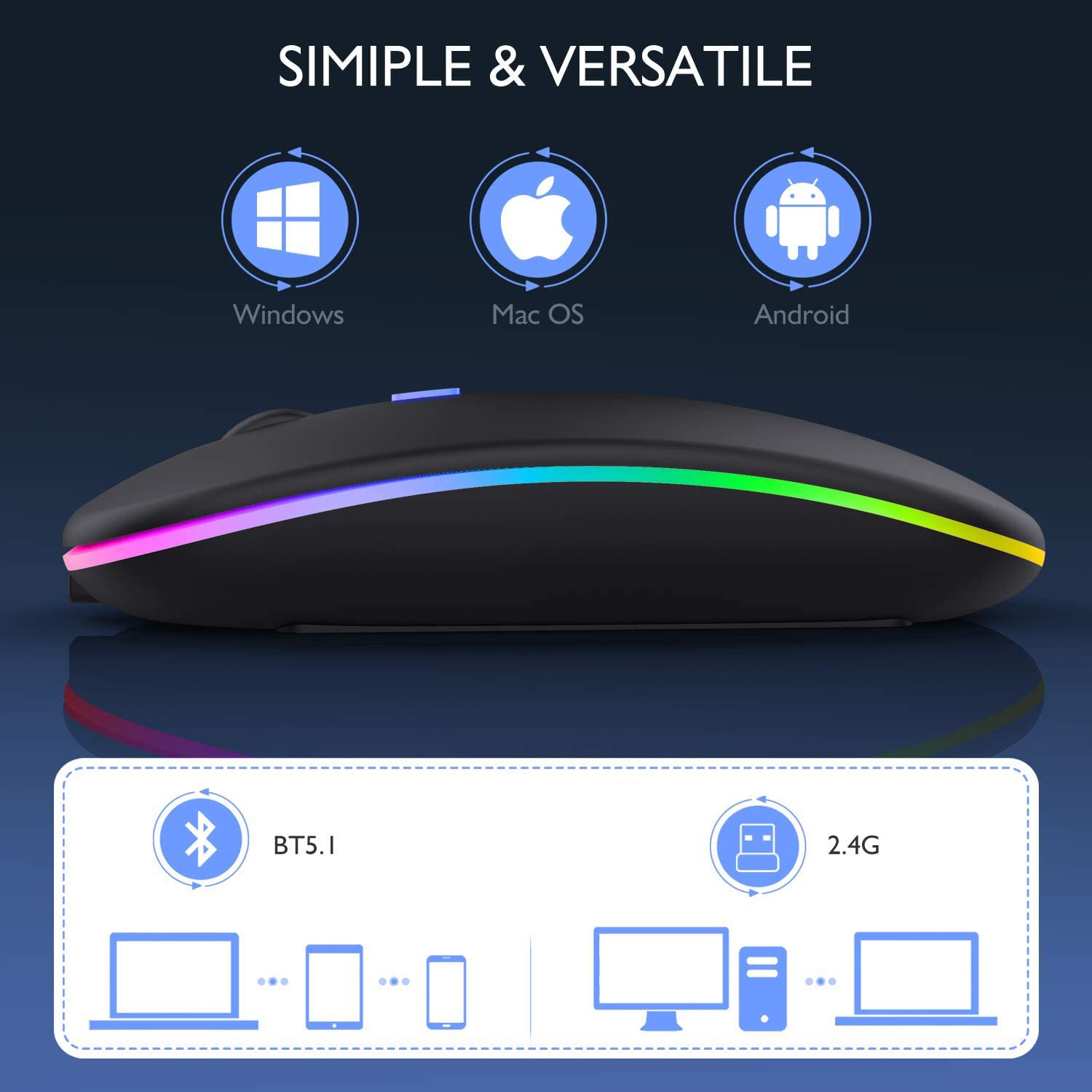 Wireless Bluetooth Mouse for MacBook Pro/Air - Rechargeable, 7-Color LED Backlit, Ergonomic Design (Black) | Perfect for Office Work, Gaming & Travel