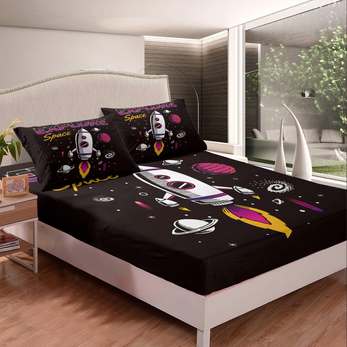 Feelyou Space Rocket Cartoon Bed Sheet Set for Kids - Full Size Galaxy Themed Fitted Sheet, Pillowcase & Flat Sheet (3Pcs) - Soft & Durable Children's Bedding for Space Adventure Themed Bedrooms