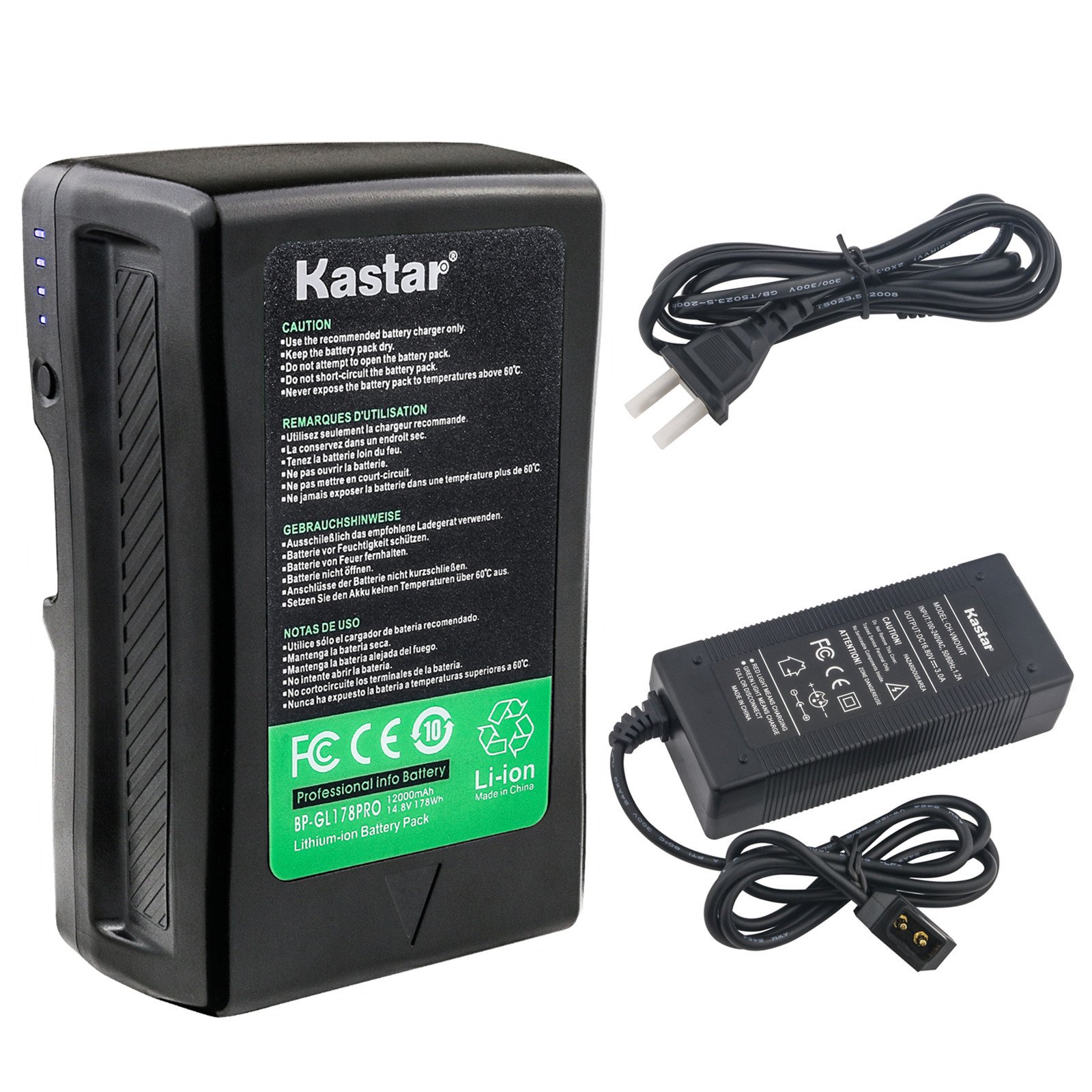 Kastar D Type Charger & BP-GL178PRO V-Mount V-Lock Battery - 14.8V 12000mAh 178Wh High Power for Light Storm LS C120t LED Light - Perfect for Film Production, Photography & Studio Lighting