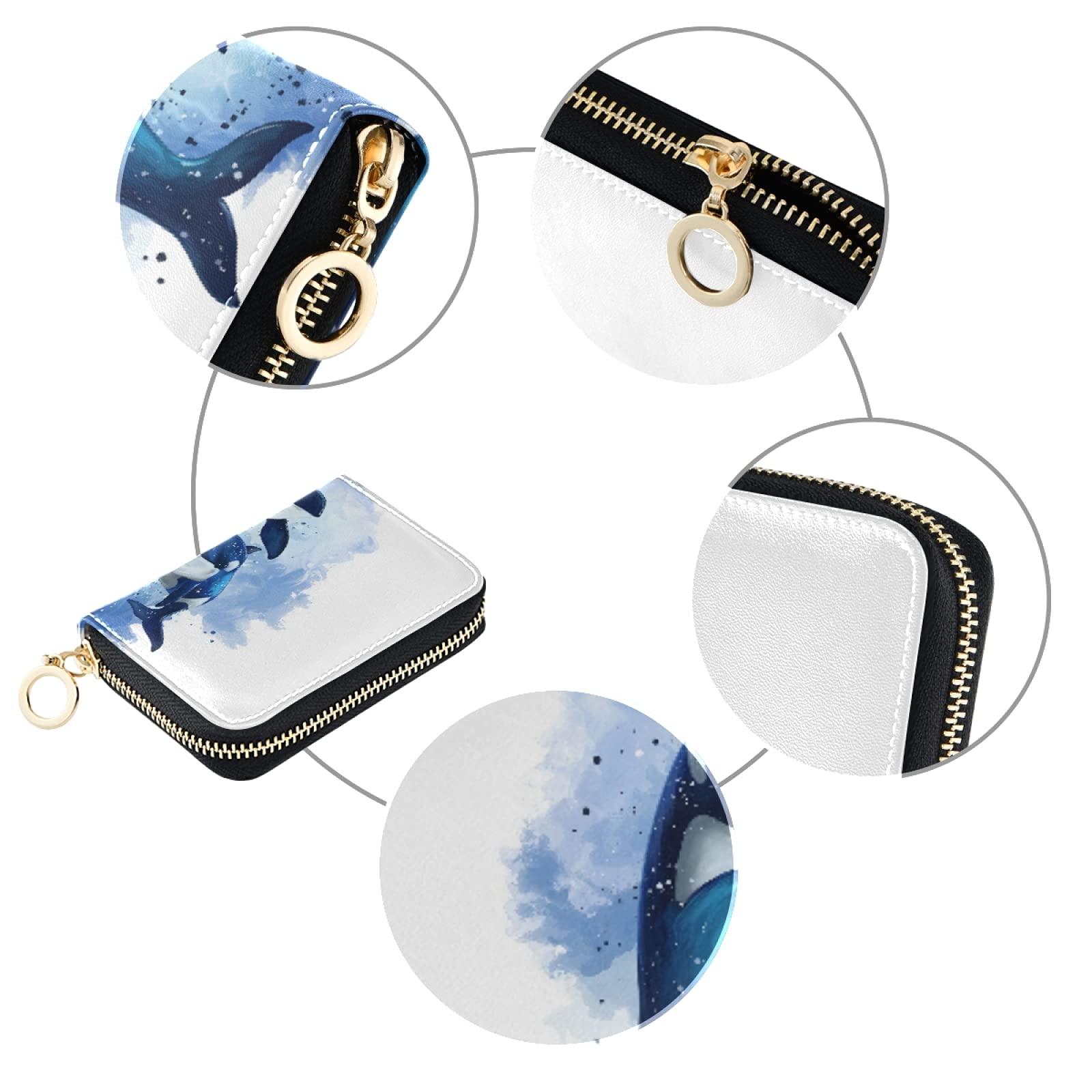 RFID Blocking Leather Wallet for Women - Compact Credit Card Holder with Zipper, Key Organizer & Coin Pocket - Watercolor Killer Whale Design - Perfect for Travel, Work & Everyday Use