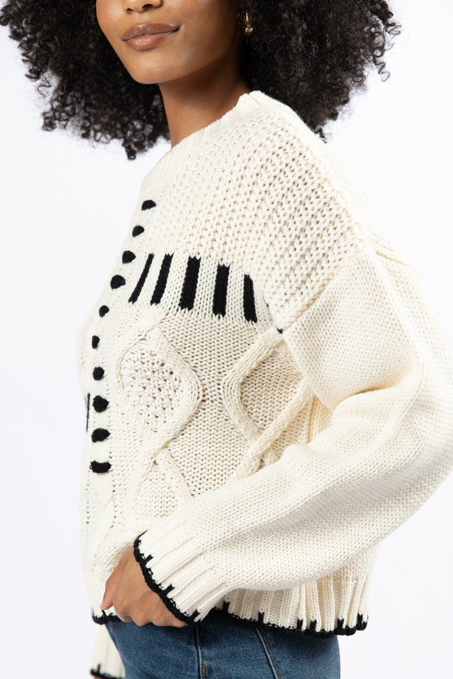 Ivory and Black Contrast Stitch Detail Sweater for Women - Cozy Knit Pullover with Unique Hand Stitching - Perfect for Fall Layering, Casual Outfits & Holiday Gatherings