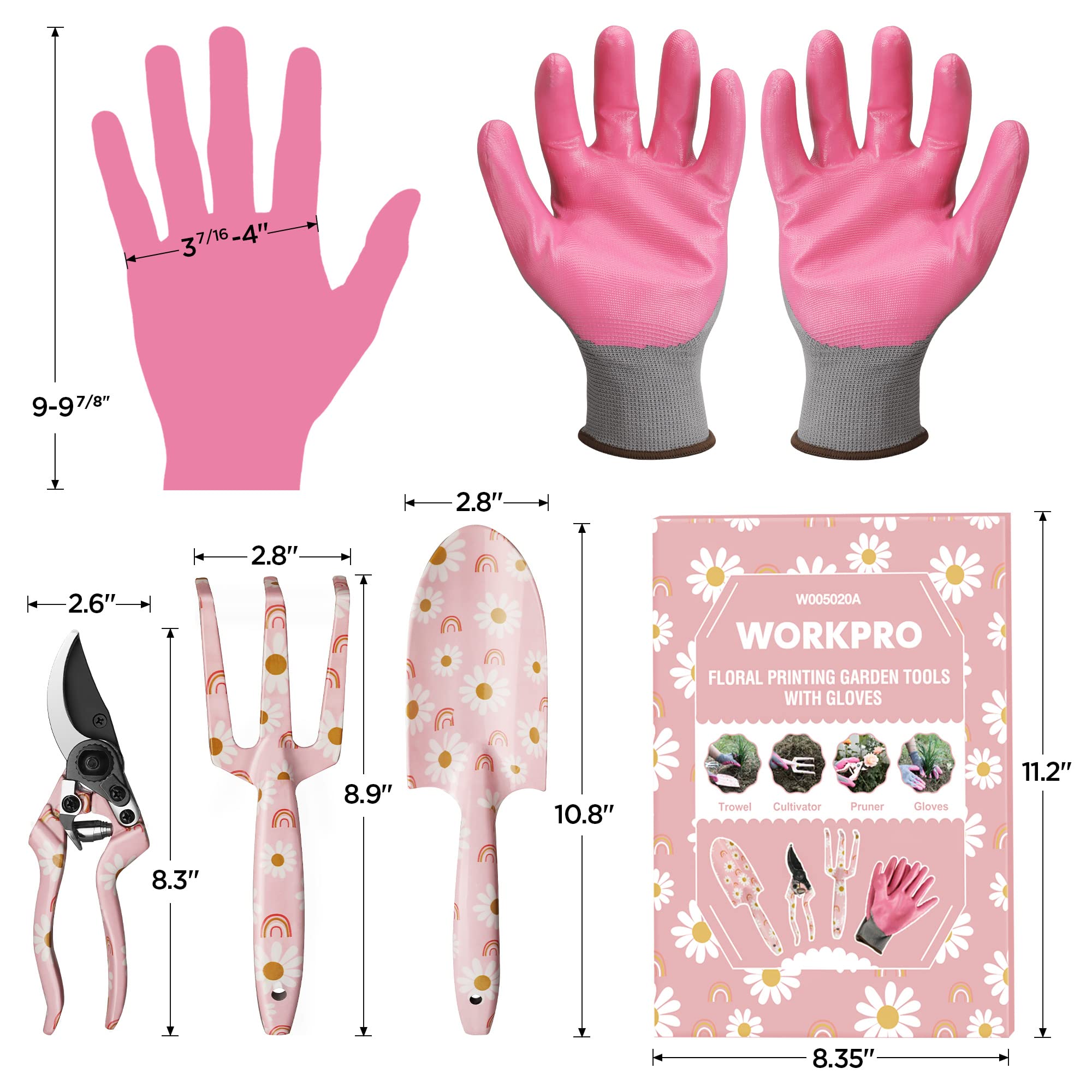 WORKPRO 4-Piece Heavy Duty Aluminum Garden Tool Set with Trowel, Rake, Pruner & Gloves - Pink Gardening Gift Set for Women, Ideal for Planting, Weeding & Landscaping in Backyard or Flower Beds