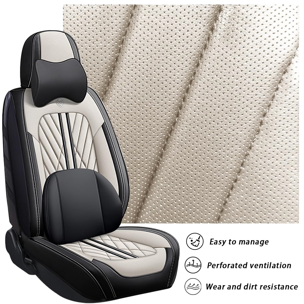Premium Napa Leather Waterproof Car Seat Cover for Chevy Colorado 2004-2023 - Anti-Slip, Airbag Compatible, Easy to Install with 2 Headrests & 2 Back Pillows (Beige Black) - Perfect for Road Trips, Daily Commutes & Off-Road Adventures