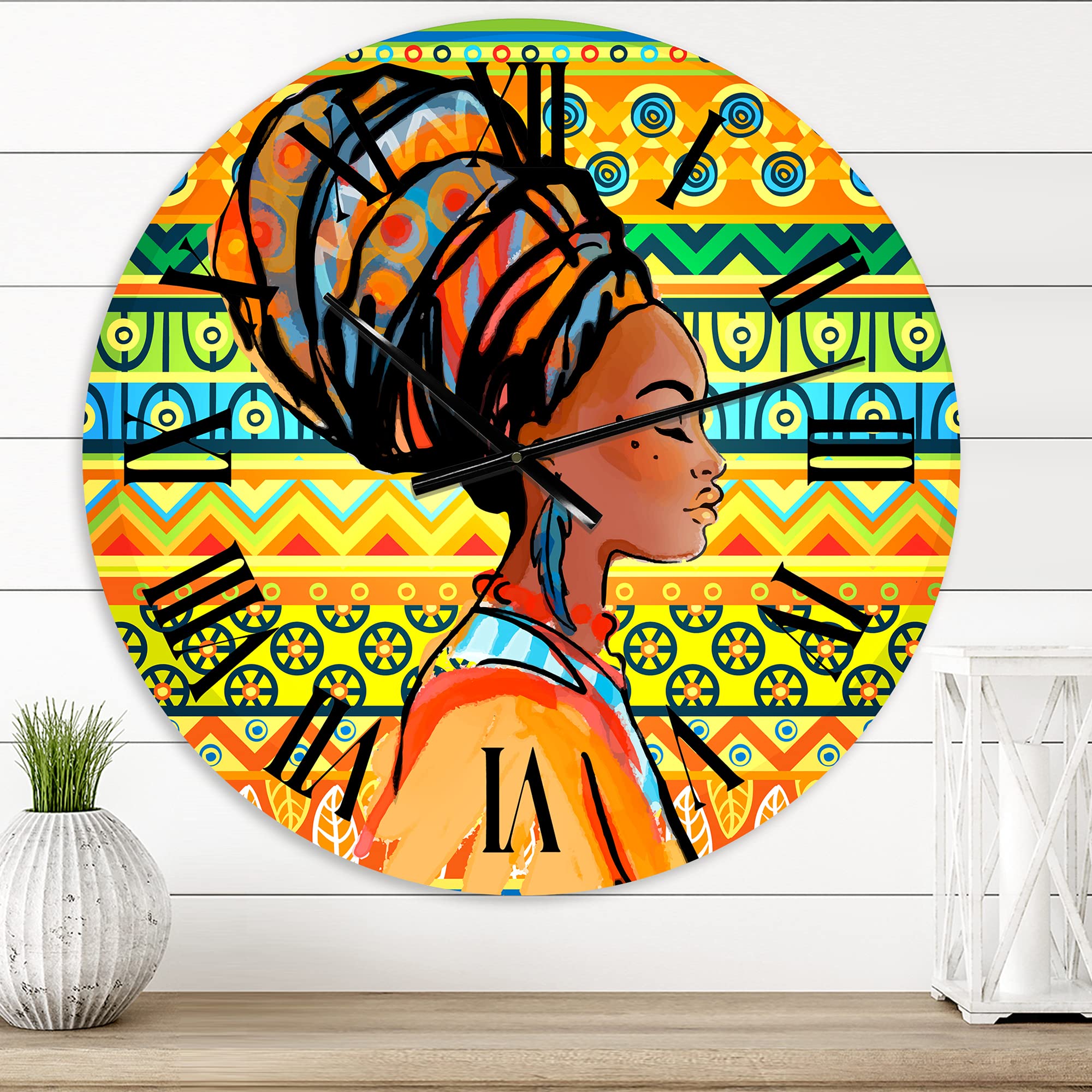 DesignQ Modern Wall Clock - African American Woman with Turban III - Large Decorative Wall Clock for Bedroom, Living Room & Office - Unique Home Decor Gift Idea