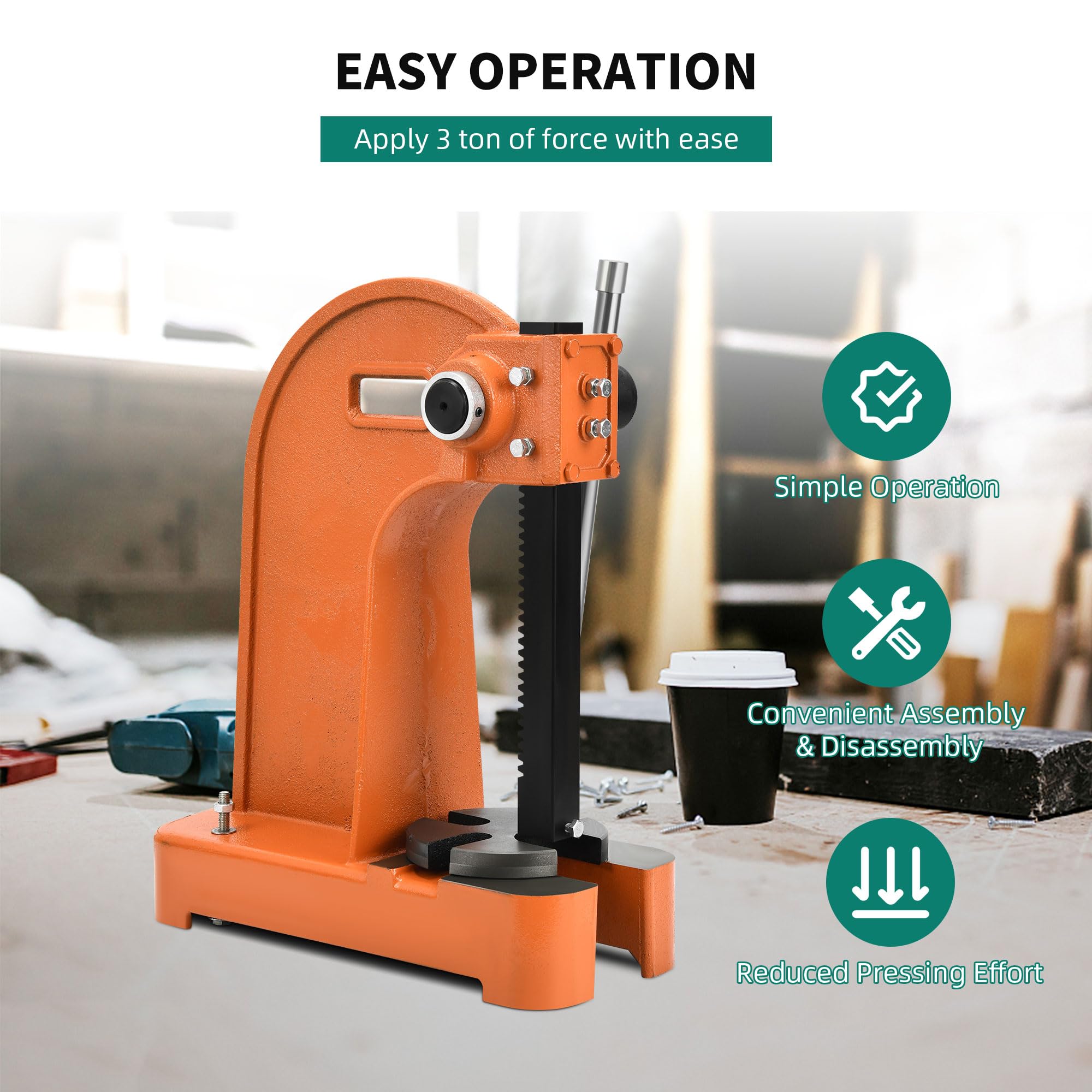YITAHOME 3 Ton Manual Arbor Press - Heavy Duty Cast Iron Desktop Press Machine for Riveting, Punching Holes, 12.2 Inch Max Height (Orange) - Ideal for Metalworking, Jewelry Making & DIY Projects