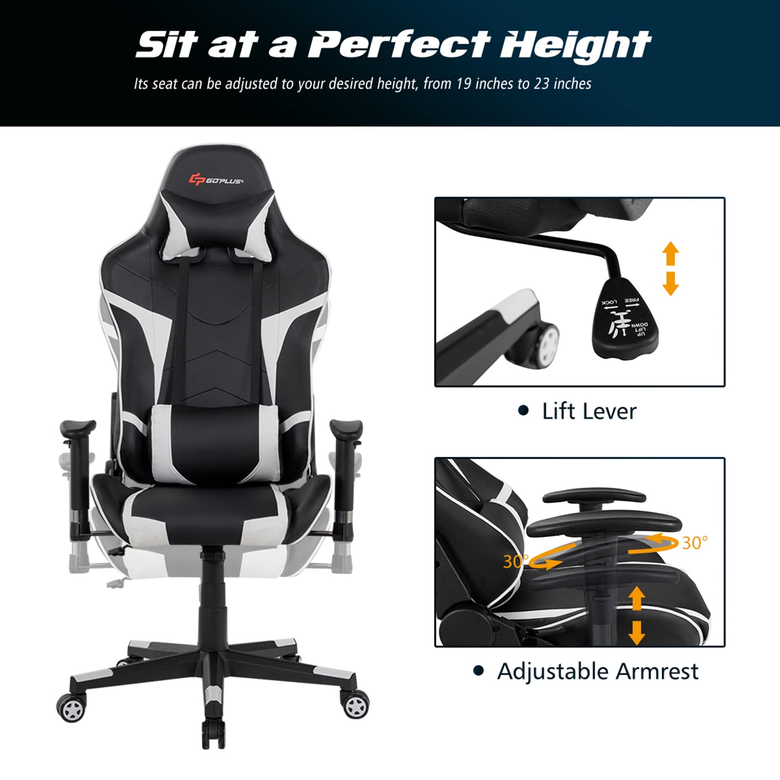 Ergonomic Gaming Chair with Massage - High Back PU Leather Office Chair, Adjustable Arms & Headrest, Reclining Racing Style Computer Game Chair for Home & Office Use - Perfect for Gaming, Working, and Relaxing