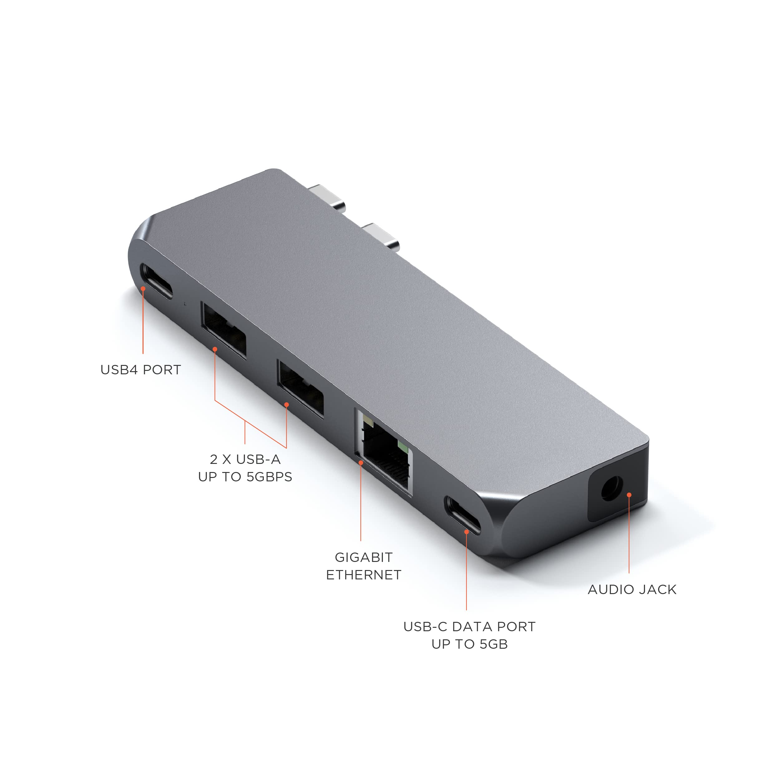 Satechi Type-C Pro Hub Mini Adapter with USB4, USB-A, USB-C, Gigabit Ethernet & 3.5mm Audio Jack - Compatible with M1/M2 MacBook Pro & Air (Space Gray) - Perfect for Home Office, Remote Work & Multimedia Connectivity