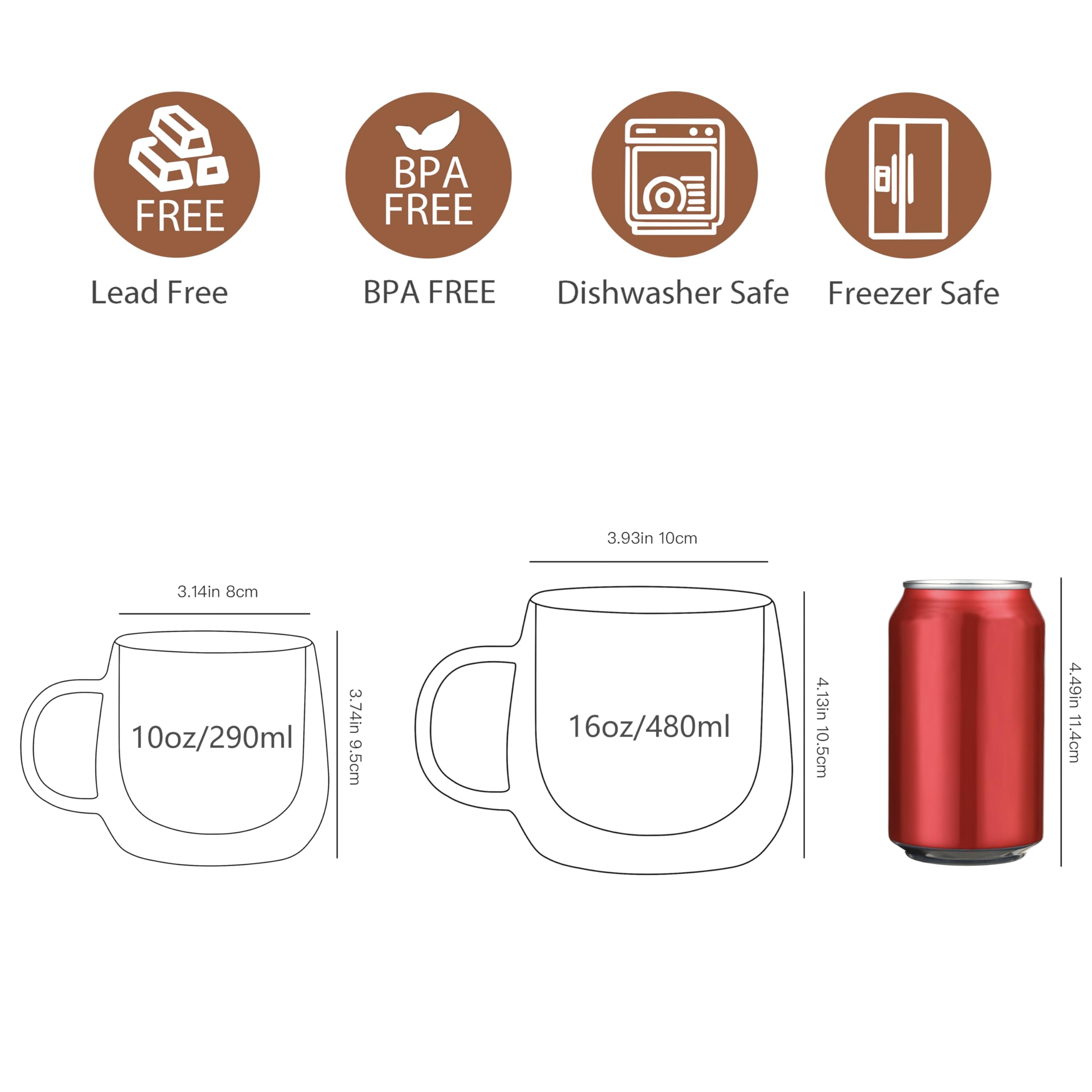 CNGLASS 16oz Double Walled Insulated Glass Coffee Mugs (4-Pack) - Clear Large Coffee Cups with Handle for Hot & Cold Drinks - Perfect for Latte, Cappuccino, Tea, Iced Coffee - Ideal for Home, Office, Cafe & Gifts