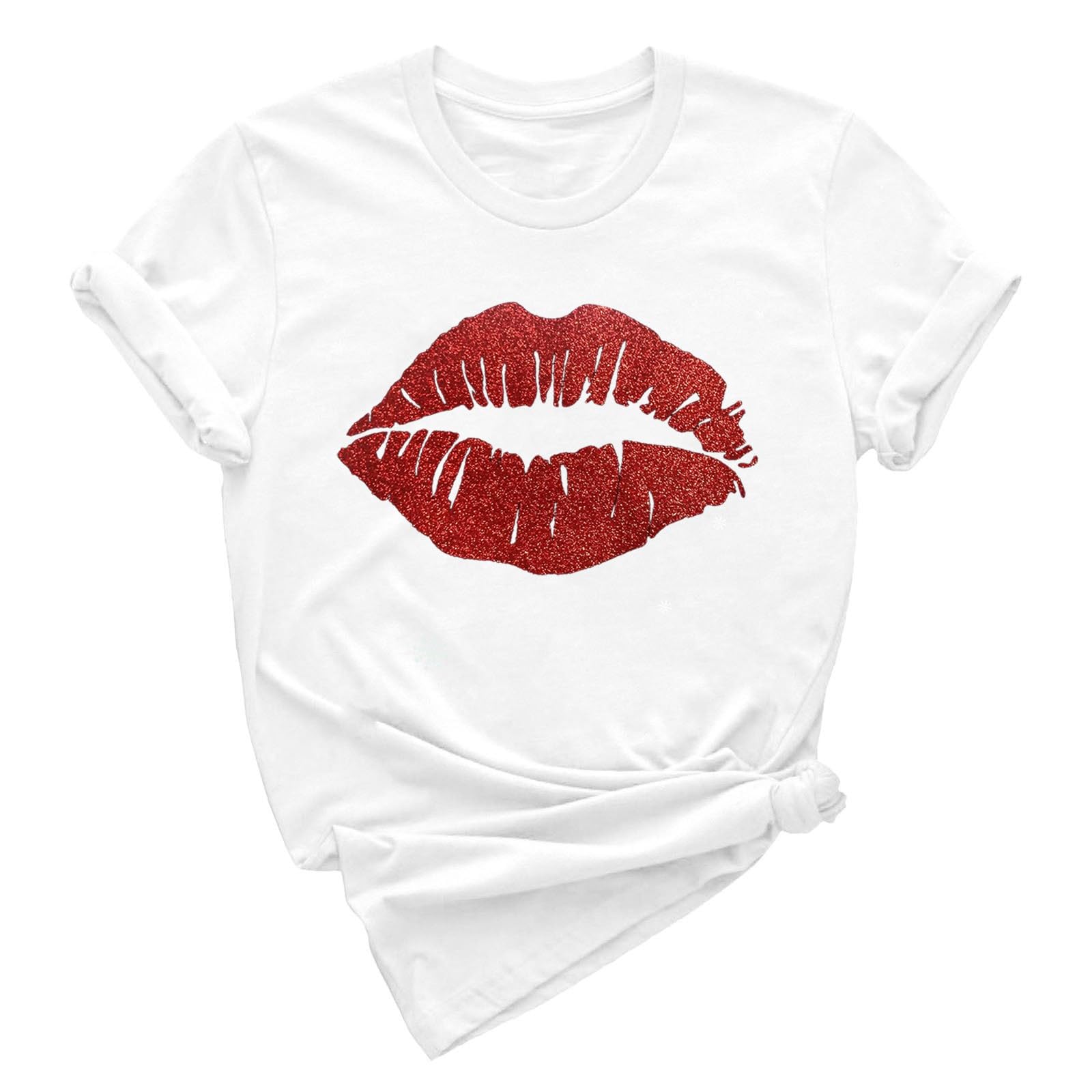 Valentine's Day Red Lip Print Oversized Women's Graphic Tee - Funny Crew Neck Short Sleeve Pullover Top (White, Small) | Cute Gift for Her, Date Night & Casual Outfits