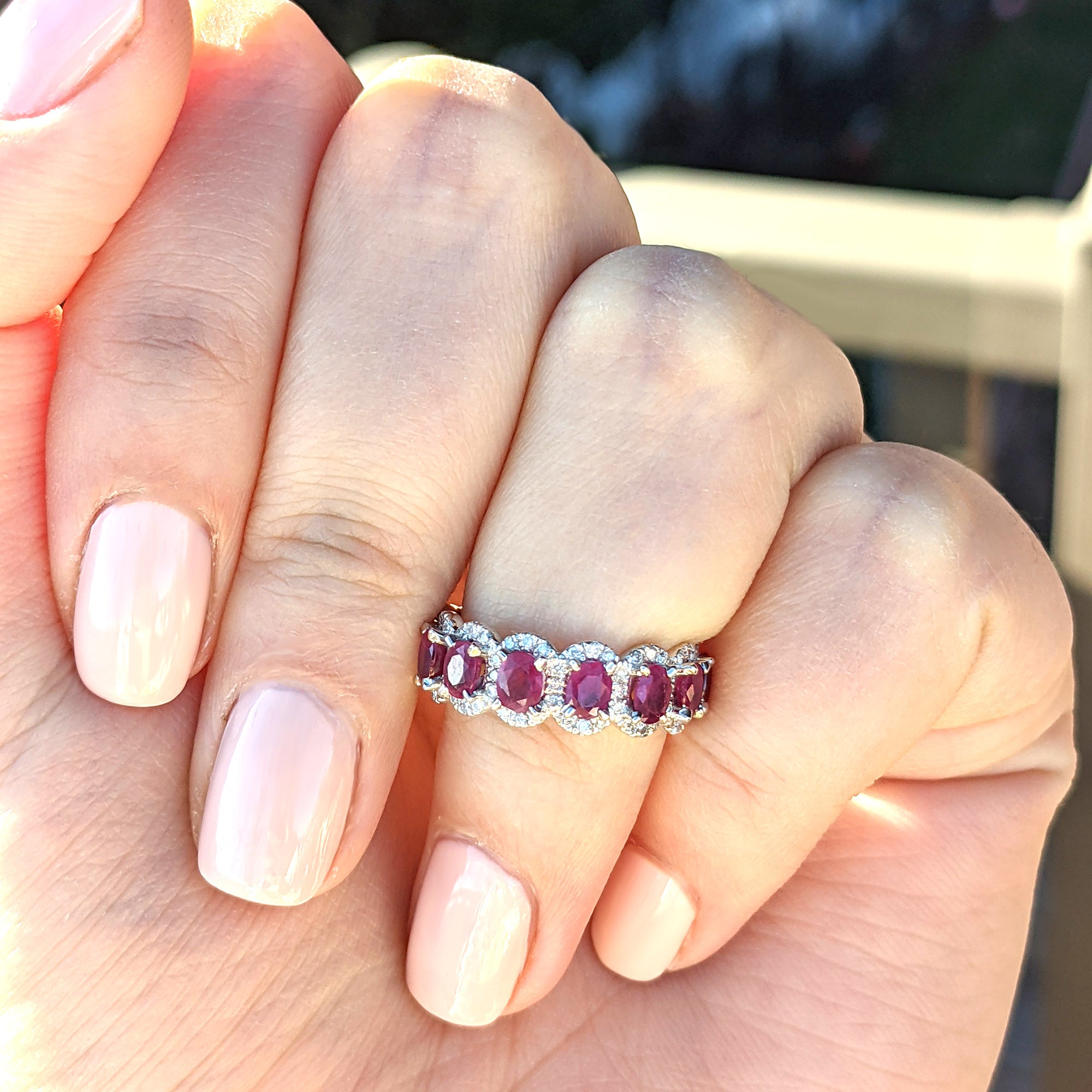 3.20 Carat Genuine Oval Ruby Eternity Ring with Diamond Halo - Perfect for Engagement, Anniversary & Special Occasion Gifts