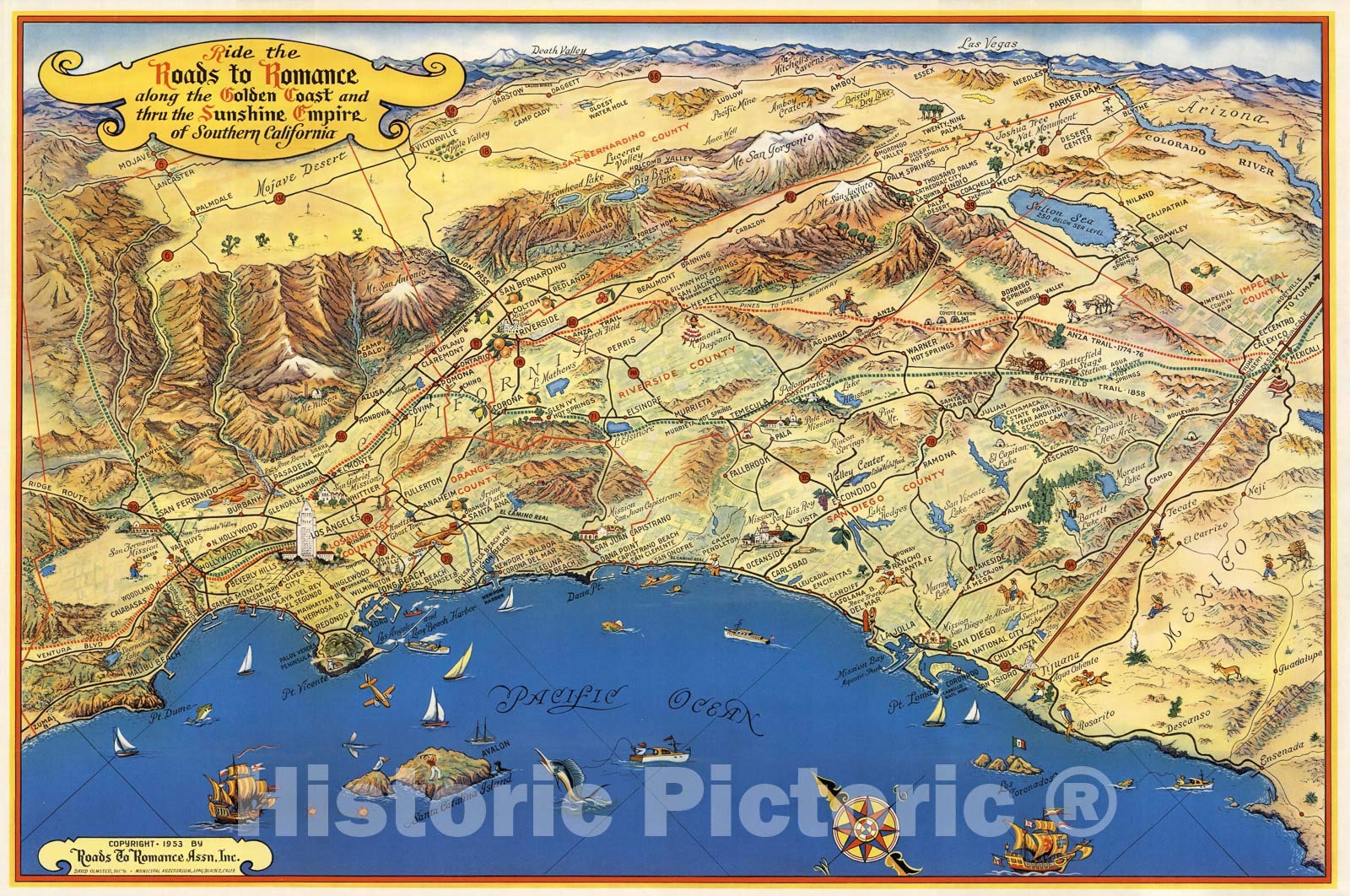Vintage 1953 Southern California Road Map - Golden Coast & Sunshine Empire Travel Poster - 44x28 Inch Retro Wall Art Decor for Home, Office & Travel Enthusiasts