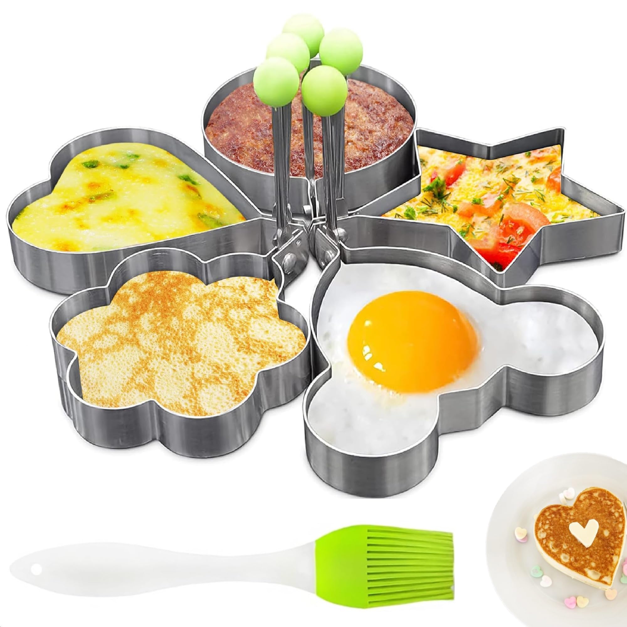 5 Pcs Stainless Steel Pancake Molds for Griddle - Egg Shaper for Frying Pan, Omelette & Fried Egg Maker, Non-Stick & Easy to Clean - Perfect for Breakfast, Brunch & Kids Cooking Fun