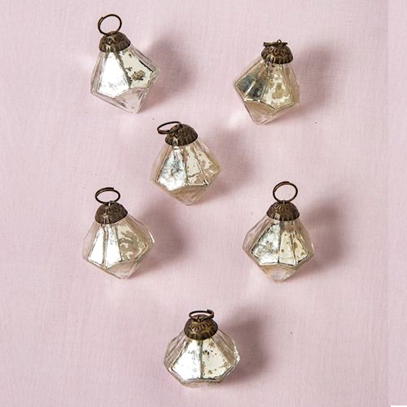 6 Pack Silver Elizabeth Mercury Glass Diamond Ornaments - Elegant Christmas Tree Decorations for Holiday, Home, Party & Wedding Decor