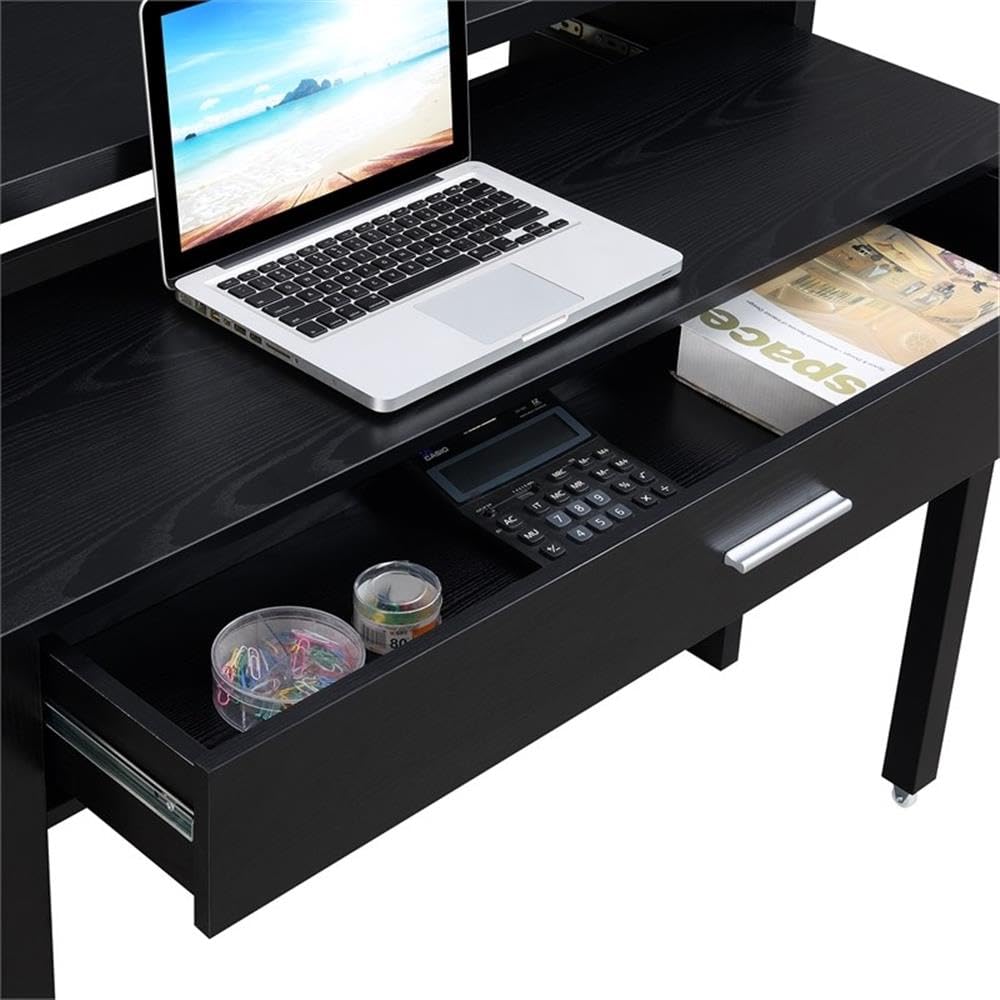 Modern Black Wood Console Desk with Sliding Drawer & Riser - Stylish Home Office & Living Room Furniture for Workspace Organization