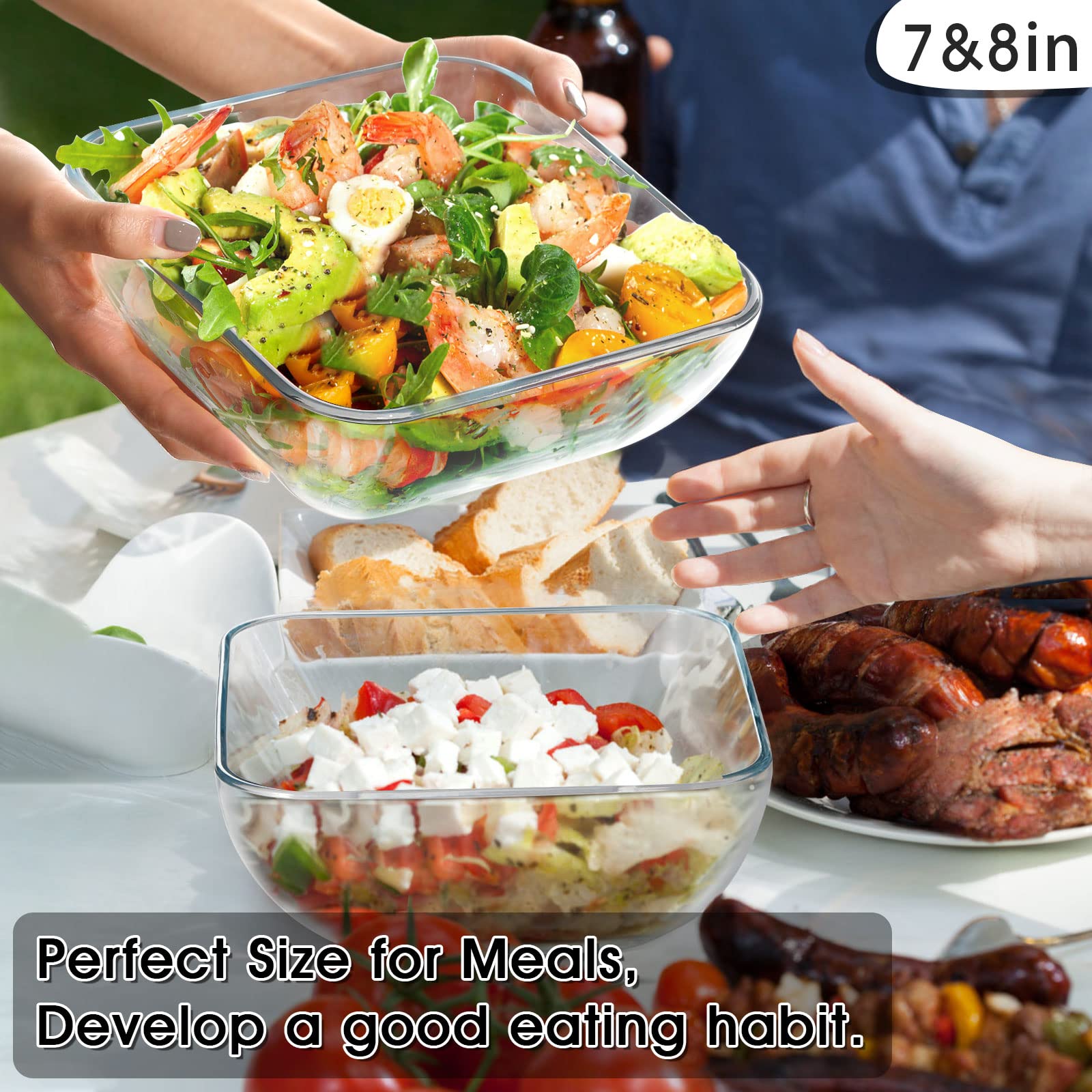 Nutriups 8-Inch Square Glass Salad Bowls Set of 2 - Microwave & Oven Safe Serving Bowls for Salads, Desserts, Snacks - Perfect for Entertaining, Family Dinners & Meal Prep