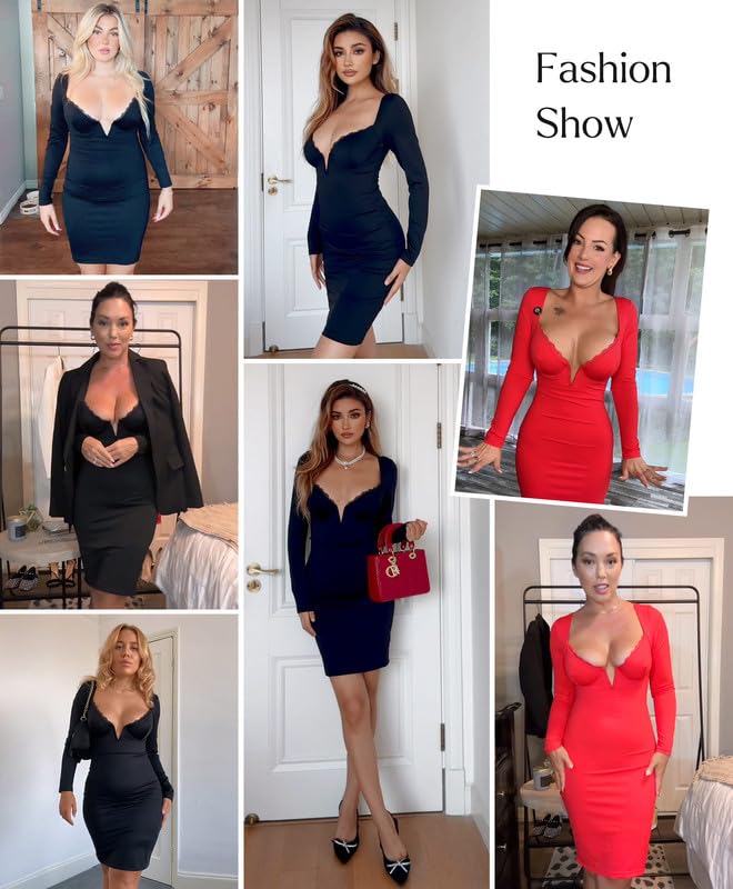 Sexy Long Sleeve Lace Bodycon Dress for Women - Deep V Neck Corset Mini Dress with Built-in Bra Shapewear | Perfect for Club Parties, Date Nights & Special Occasions