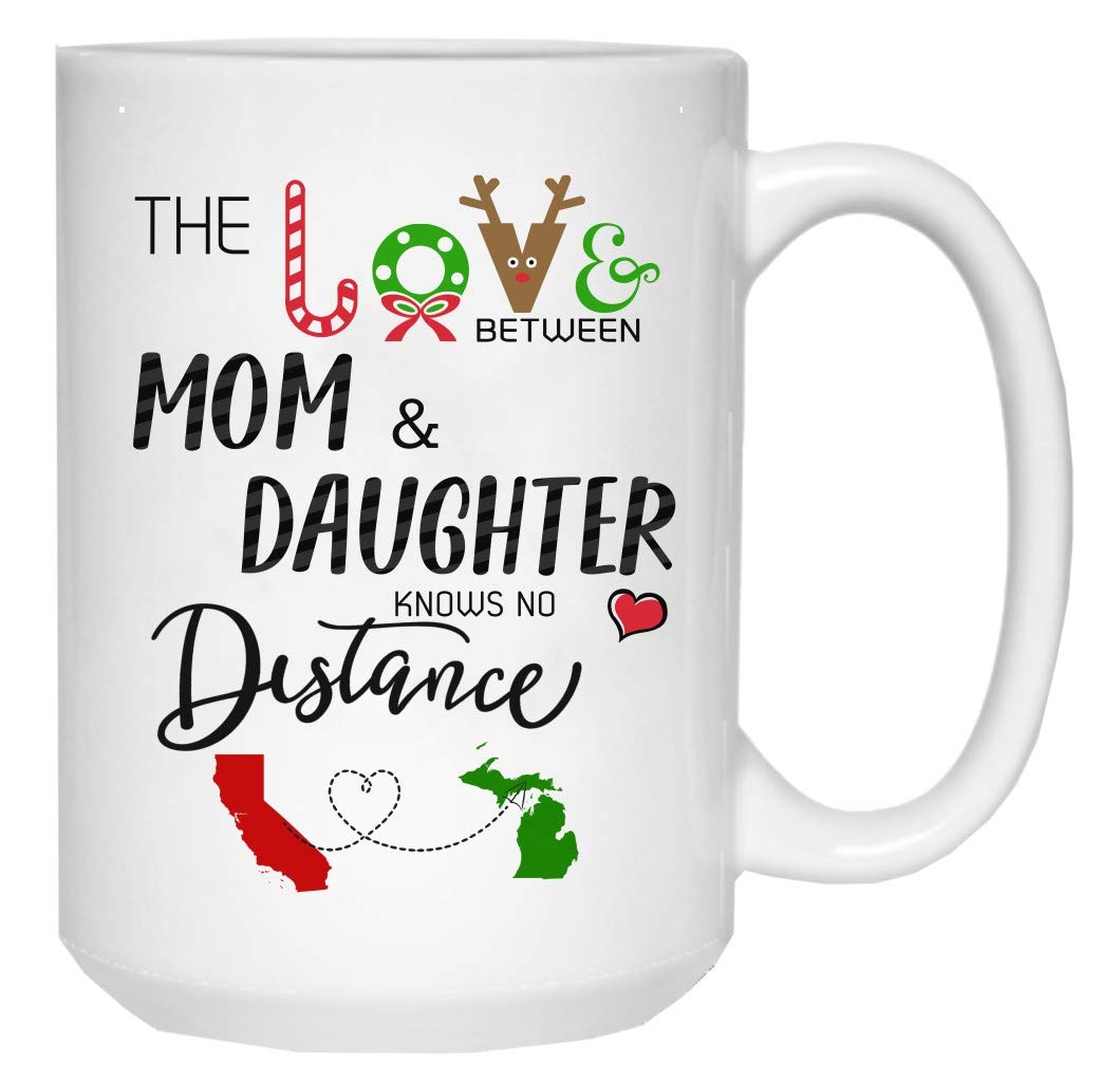 Long Distance Coffee Mug - California to Michigan - Heartwarming Gift for Mom & Daughter - Unique Ceramic 15oz Cup for Christmas - Perfect for Long-Distance Relationships, Mother's Day & Special Occasions