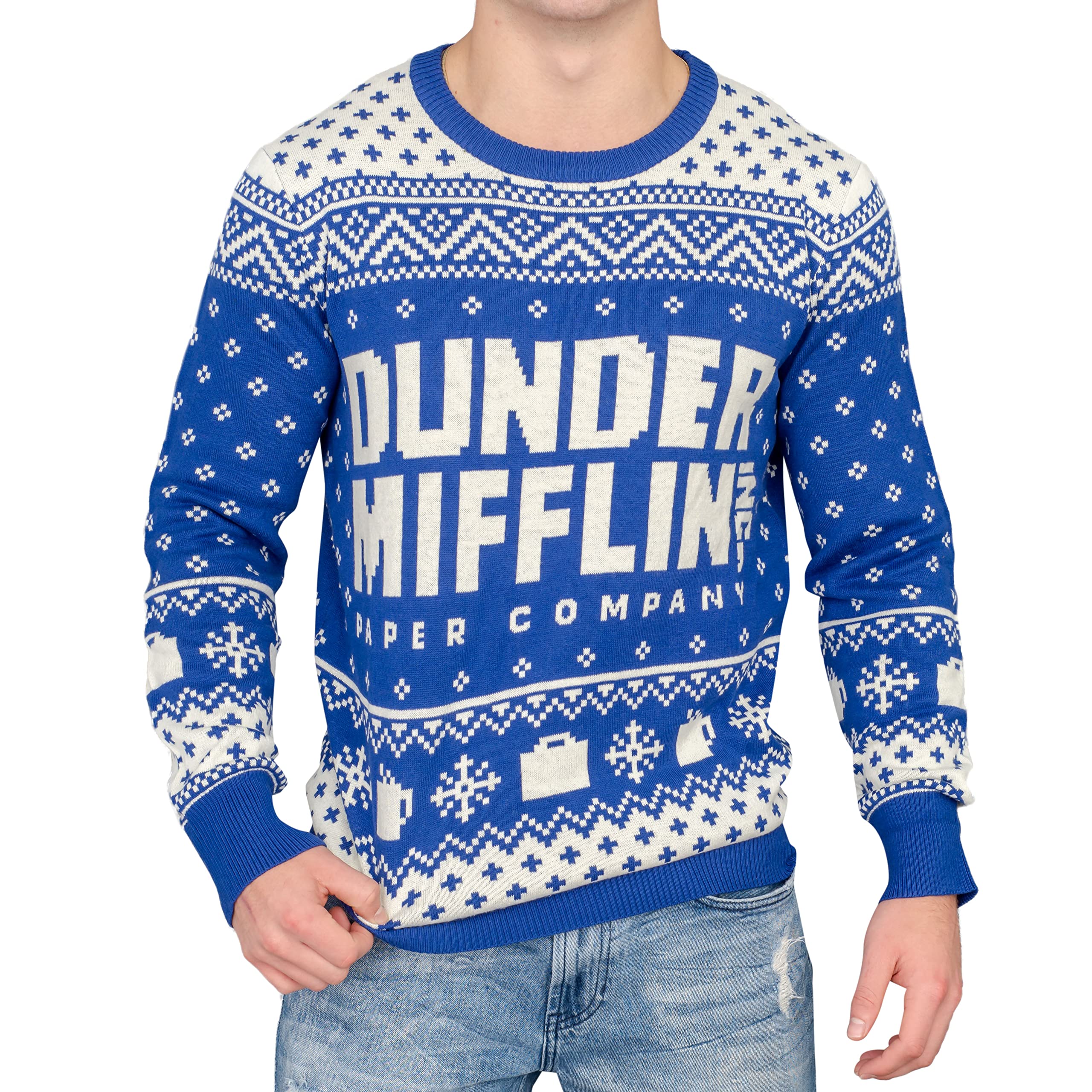 Dunder Mifflin Blue Ugly Christmas Sweater from The Office - Funny Holiday Party Outfit for Christmas, Ugly Sweater Contest & Festive Gatherings
