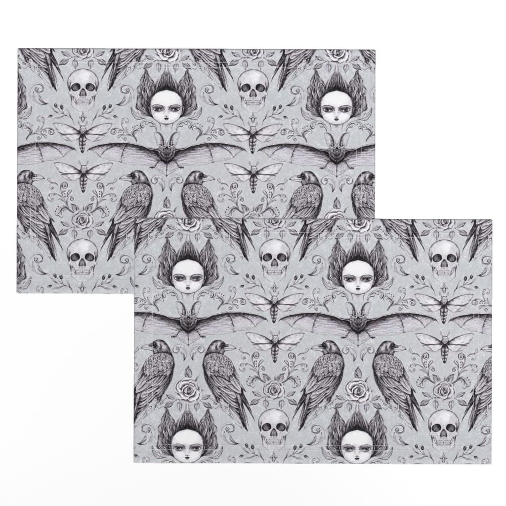 Gothic Halloween Black White Skull Witches Pumpkins Print Linen Cotton Canvas Placemats (Set of 2) - Perfect for Spooky Dinner Parties, Gothic Decor & Halloween Table Settings