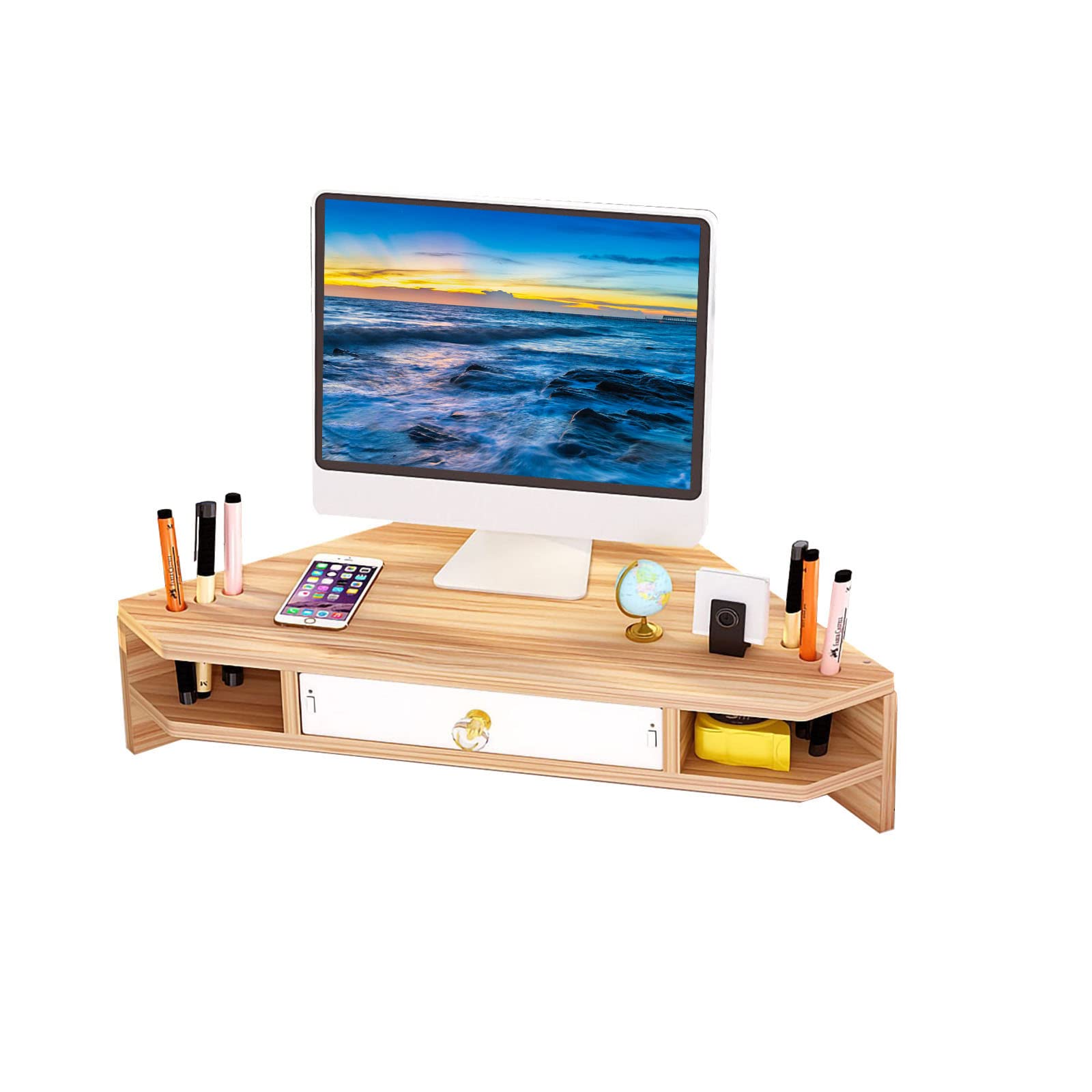 KUAIYU Triangular Monitor Stand with Storage Drawers - Wooden Computer Monitor Riser, Laptop Stand for Office & Home Workspace Organization - Perfect for Corner Desks, Small Spaces & Ergonomic Setup