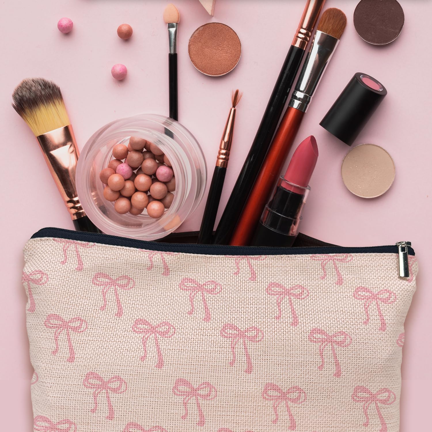 Coquette Pink Bow Makeup Bag | Girly Aesthetic Cosmetic Pouch | Cute Preppy Travel Organizer | Perfect for Teens, Bridal Showers & Birthday Gifts | Great for School, Travel & Daily Makeup Storage
