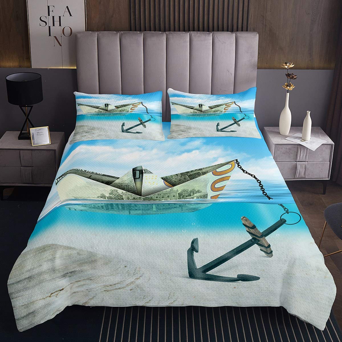 Feelyou Anchor Quilt Set - Sailboat Printed Microfiber Bedspread for Kids Boys Girls | Nautical Themed Bedroom Decor | Queen Size Quilted Coverlet for Sea Adventure & Coastal Style Bedroom