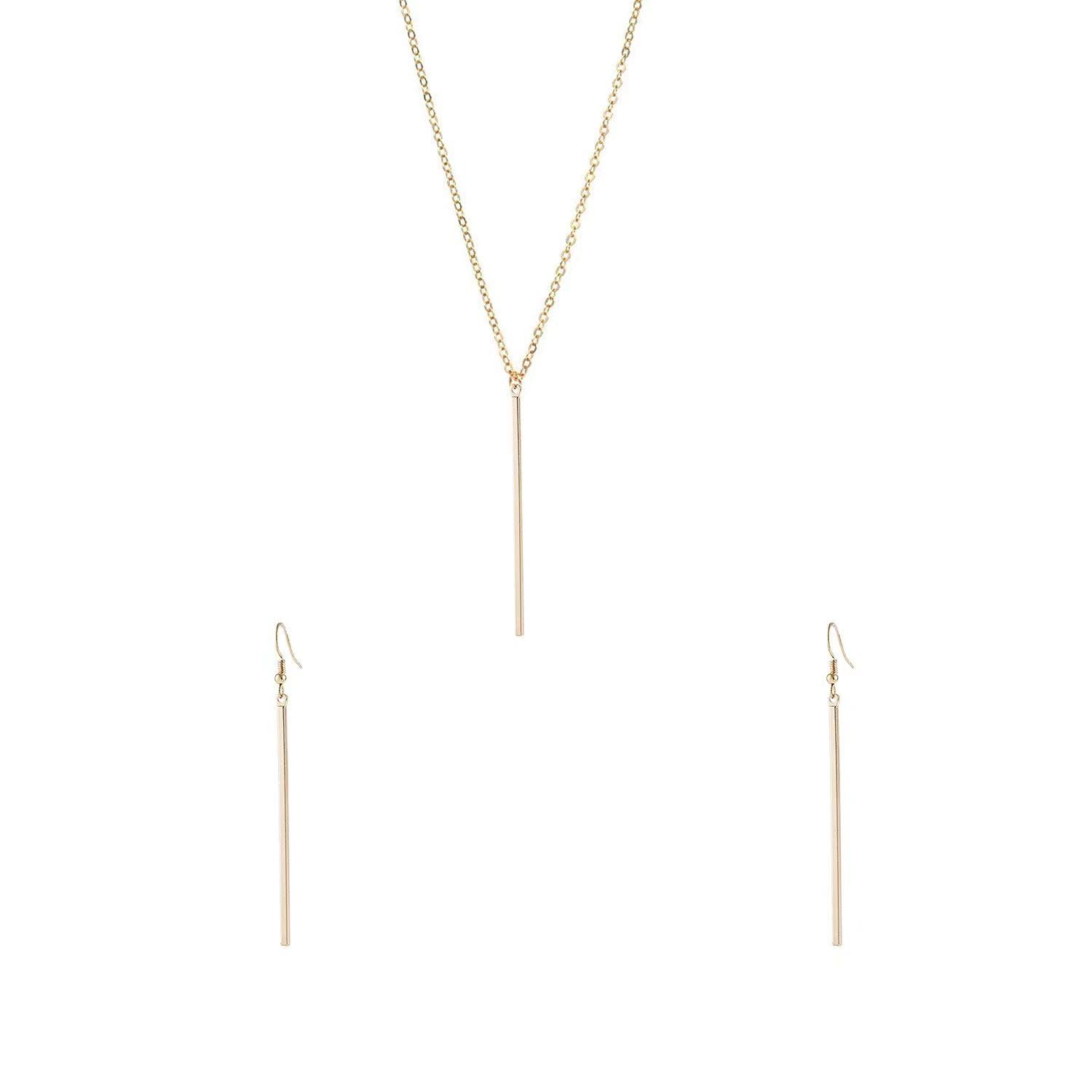 Minimalist Vertical Bar Pendant Necklace & Earrings Set for Women - Long Chain Dangle Earrings - Perfect for Office, Date Night & Special Occasions