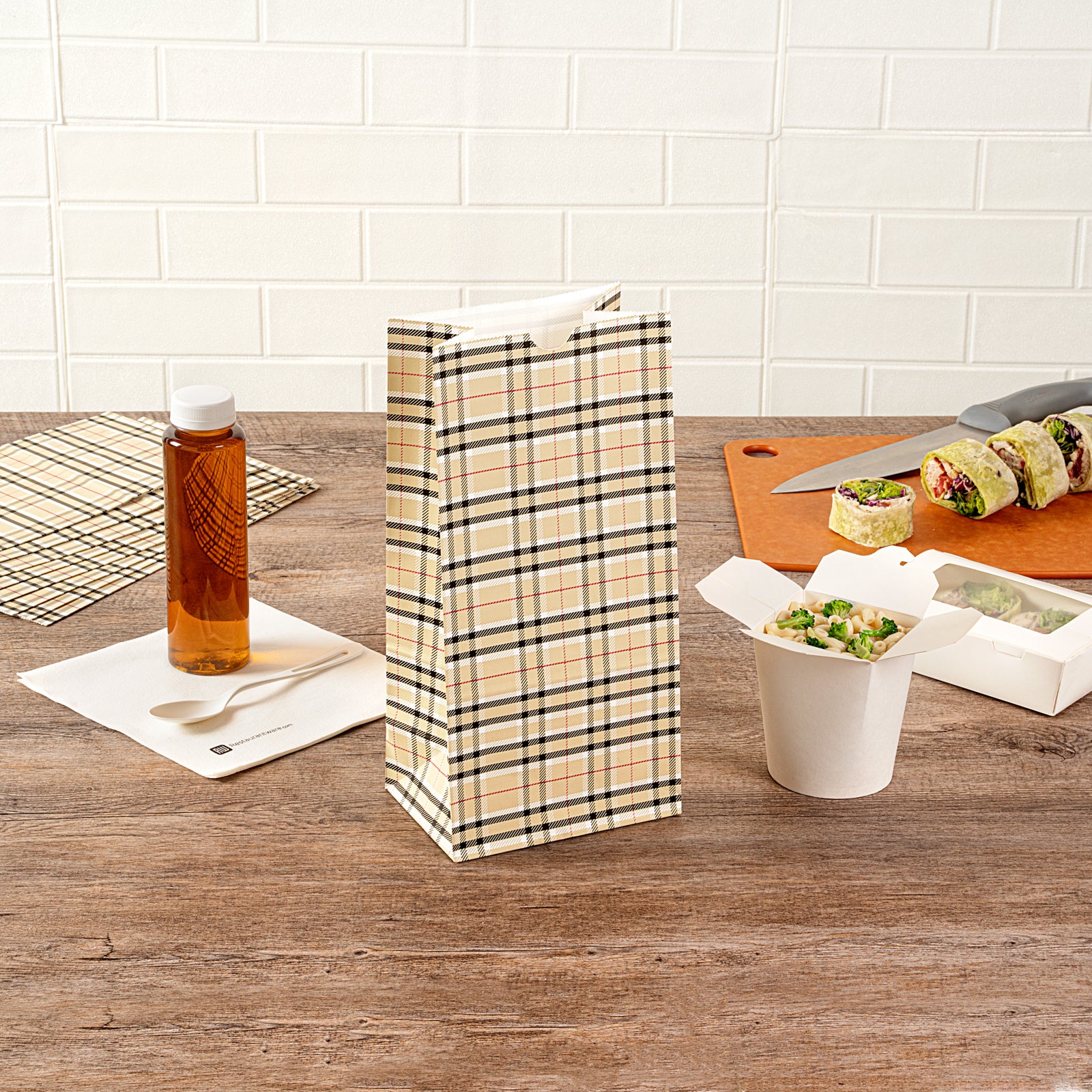 Premium Plaid Paper Bags 8 lb Capacity 6x4x11.75 Inches - 100 Count Bulk Pack for Gift Wrapping, Party Favors & Retail Packaging