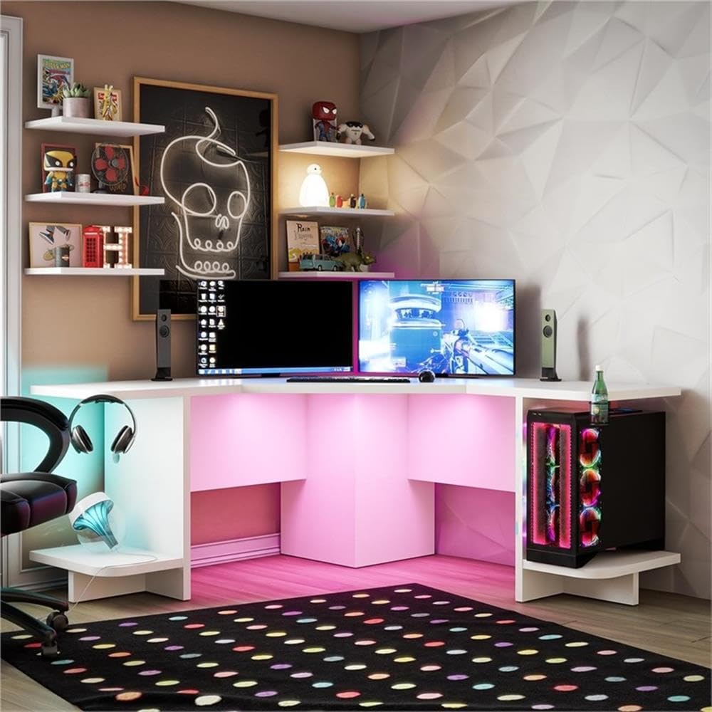 NTENSE Mod Corner Gaming Desk with RGB LED Light Kit - Ergonomic White Computer Desk for PC & Console Gamers - Perfect for Small Spaces & Gaming Setups
