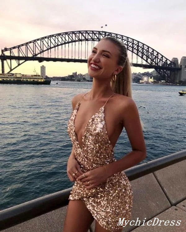Elegant Gold Sequin Homecoming Dress - Deep V Neck Cocktail Party Dress for Women | Perfect for Prom, Evening Parties, and Special Occasions